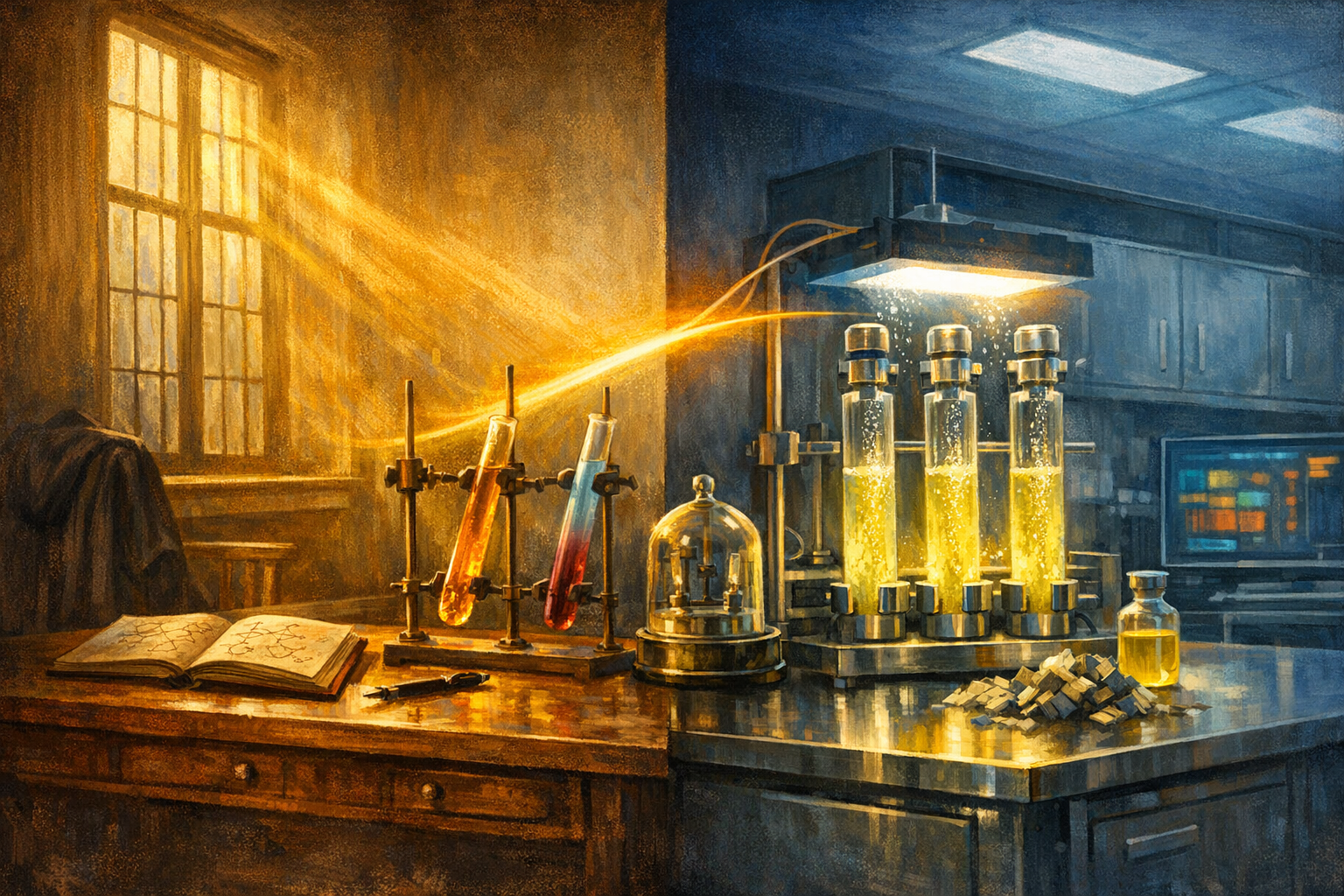 Editorial split-frame painting. On the left, Giacomo Ciamician's chemistry laboratory at the University of Bologna on a sunlit afternoon in 1912: a long polished walnut laboratory bench with three tall slim glass tubes filled with brightly coloured photochemical solutions (warm amber, pale cyan, deep rose) standing in brass clamp-stands tilted to catch the sunlight streaming in from a tall south-facing leaded-glass window, an open leather-bound laboratory notebook with hand-drawn ink chemical-structure diagrams, a brass-and-glass platinum-electrode bell jar, warm Italian afternoon sunlight catching the dust motes, deep umber walnut-panelled walls, no figures. On the right, a contemporary photocatalysis bench in 2026: a polished stainless-steel laboratory bench with three tall slim glass photoreactor tubes filled with a yellowish carbon-nitride slurry under a bright white LED solar-simulator lamp, fine cool-cyan bubbles of hydrogen rising from the slurry to a gas-collection vessel at the top of each tube, a small cluster of broken-down plastic chips and a glass bottle of pale-yellow recovered sulphuric acid at the bench corner, overhead cool-cyan cleanroom LED panels, no figures. A luminous ribbon of warm amber light arcs across the centre of the image, joining the golden 1912 sunlight on the left to the rising hydrogen bubbles on the right.