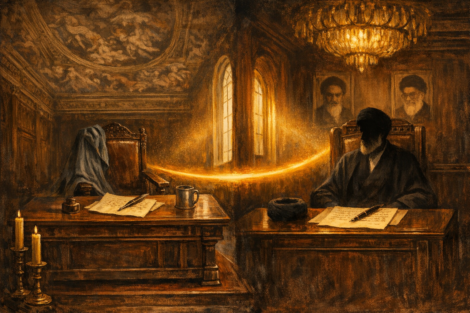 Editorial split-frame painting. On the left, the interior of the Banqueting House at Whitehall Palace on 25 May 1659 just after Richard Cromwell has resigned the Lord Protectorship: a tall heavy polished walnut writing desk on a raised dais, an open parchment letter of resignation with a steel-nibbed quill resting across the page, the empty heavy carved oak Lord Protector's chair behind the desk pushed back at an angle as though just vacated, the dark wool of a discarded grey robe of office draped across the chair's back, a long warm-amber late-afternoon shaft of light through a tall arched south-facing window catching the dust motes, deep dark-oak-panelled walls fading into deep umber, no figures. On the right, the interior of a formal salon at the Husseiniyeh of Imam Khomeini in north Tehran in March 2026: a tall heavy walnut writing desk on a raised dais beneath a gilt-bronze chandelier, an open formal proclamation of elevation, a steel-nibbed pen across the page, the heavy carved oak Supreme Leader's chair freshly occupied by the silhouette of a slim grey-bearded Iranian cleric in dark cloak and black turban (face in deep shadow), two framed sepia portraits of the late Khomeini and Khamenei on the back wall in deep shadow. A luminous ribbon of warm amber light arcs across the centre of the image, joining the empty Lord Protector's chair on the left to the freshly occupied Supreme Leader's chair on the right.