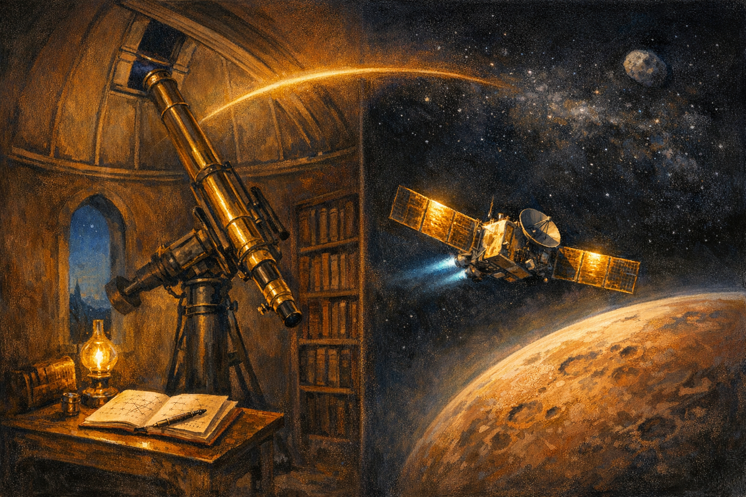 Editorial split-frame painting. On the left, an unheated tower of the Capodimonte Observatory above Naples on a cold March night in 1852: a tall slim brass-and-iron Cauchoix-Lerebours refractor on an iron equatorial pedestal angled upward toward an open dome louvre, the brass eyepiece catching warm-amber light from a brass-and-glass kerosene observatory lamp on a small wooden side desk beside the telescope, an open leather-bound observation logbook with hand-drawn ink star-position notations in iron-gall ink, a fountain pen across the page, deep umber painted-plaster walls, no figures. On the right, the NASA Psyche spacecraft executing its Mars flyby on 15 May 2026: the slim stainless-steel-and-gold-foil spacecraft with the boxy SEP-bus body and twin extended cross-shaped solar arrays catching warm-amber sunlight, twin hall-effect ion thrusters glowing faint cool electric cyan at the rear, the dusty pale-rust globe of Mars filling the lower-right corner, the deep black of interplanetary space above with a single bright star field, a faint small painterly asteroid 16 Psyche as a small irregular metallic dot in the deep upper-left indicating the destination still four years away. A luminous ribbon of warm amber light arcs across the centre of the image, joining the brass eyepiece on the left to the distant asteroid Psyche on the right.