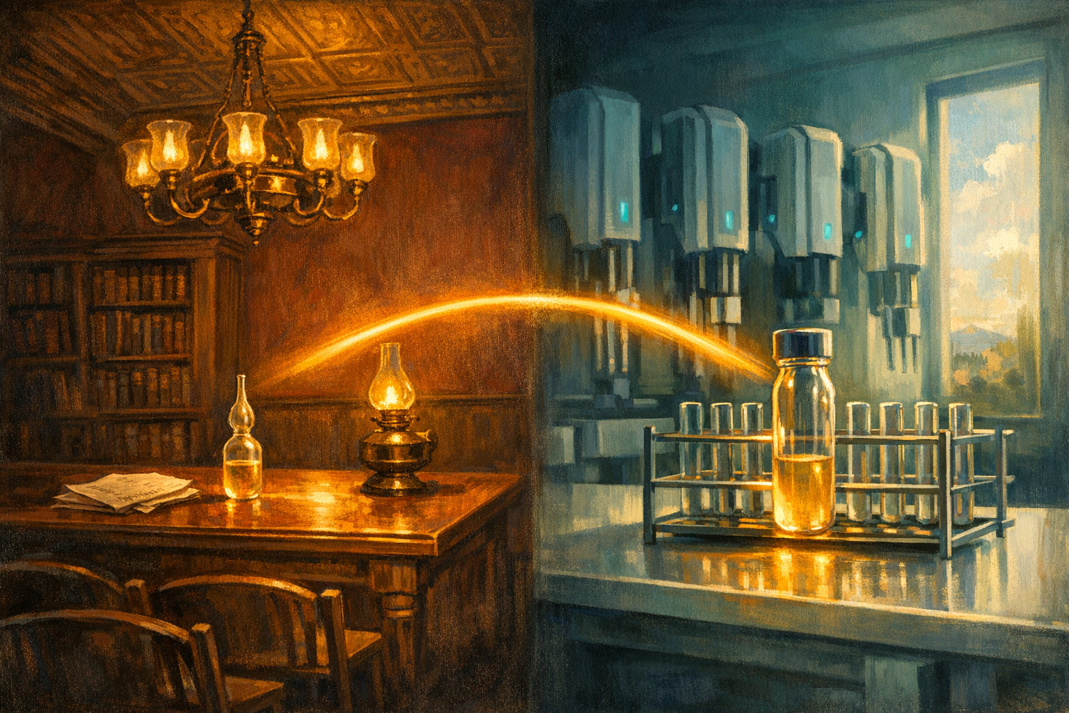 Editorial split-frame painting. On the left, an oak-panelled lecture room of the Société de Biologie in Paris on the afternoon of 1 June 1889: a long oak lecture table under a brass-and-glass gas chandelier, a single small clear-glass laboratory ampoule with a thin neck about half full of a slightly cloudy amber-tinted liquid on the table, beside it a folded sheaf of handwritten lecture notes and a brass-and-glass kerosene desk lamp, a tall heavy wooden bookcase of bound medical journals in deep shadow, deep oxblood-red painted plaster wall above, a row of empty oak gallery chairs in deep foreground shadow indicating an audience just departed, no figures. On the right, a modern Silicon Valley longevity laboratory on a clear May 2026 afternoon: a single clear-glass laboratory vial of slightly cloudy pale-amber liquid in a stainless-steel rack on a white laminate bench, the vial echoing the 1889 ampoule, a row of tall stainless-steel automated liquid-handling robotic pipette arms in soft jade-blue uplight behind, a single faint cyan LED indicator on each robot, a tall narrow modern window with California afternoon sun beyond, no figures. A luminous ribbon of warm amber light arcs across the centre of the image, joining the 1889 ampoule on the left to the 2026 vial on the right.