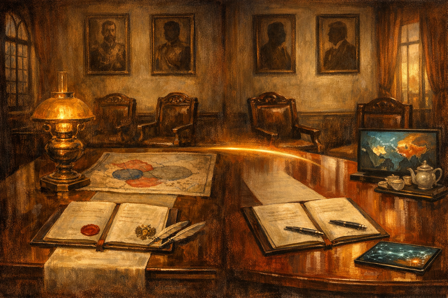 Editorial split-frame painting. On the left, a private diplomatic study at the Russian Foreign Ministry on Palace Square in Saint Petersburg on the afternoon of 31 August 1907 after the Anglo-Russian Convention has been signed: a long polished mahogany conference table with two bound parchment copies of the Convention open at the signature page bearing the red wax seal of the British Crown and the gold-and-black double-headed eagle of Imperial Russia, two ceremonial silver-plated quills lying parallel, a tall brass-and-glass kerosene desk lamp casting strong warm amber light, a single large hand-drawn cartographer's map of Central Asia spread across the upper half of the table showing Persia, Afghanistan and Tibet in three painterly muted-coloured sphere-of-influence zones, two heavy carved oak diplomats' chairs behind the table pushed back at an angle as though just vacated, no figures. On the right, the formal conference room at the Diaoyutai State Guesthouse in Beijing on the afternoon of 14 May 2026 after the Trump-Xi opening session: a long polished red-lacquer conference table with two bound parchment copies of a bilateral framework agreement open at the signature page, two ceremonial silver-plated fountain pens lying parallel, a contemporary glass tablet glowing with a faint cool electric-cyan painterly global rare-earth supply-chain map, two heavy carved walnut diplomats' chairs behind the table pushed back at an angle as though just vacated, no figures. A luminous ribbon of warm amber light arcs across the centre of the image, joining the 1907 kerosene desk lamp on the left to the 2026 glowing tablet on the right.