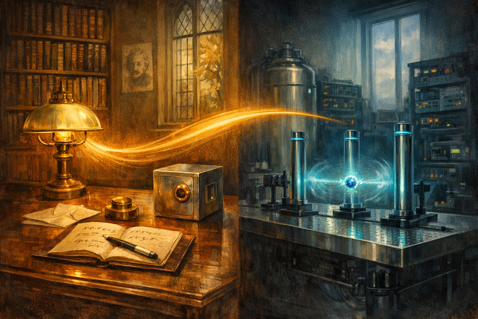 Editorial split-frame painting. On the left, an oak-panelled study at Magdalen College Oxford in November 1935: a tall polished oak writing desk lit by a brass-and-glass desk lamp casting warm amber light, an open leather-bound notebook of iron-gall ink equations, a mother-of-pearl fountain pen across the page, a folded paper letter weighted with a brass paperweight, a single small symbolic closed steel cubic apparatus the size of a shoebox standing upright on the desk with a small brass dial on the front face (no living thing, no animal, no harm), a tall heavy bookcase of bound physics journals in deep umber shadow, a tall narrow leaded-glass window with a painterly glimpse of an Oxford autumn afternoon. On the right, the Vienna matter-wave laboratory in November 2025: a long stainless-steel optical bench with three parallel slim ultraviolet laser-beam columns standing vertical above the bench (the three diffraction gratings), each casting a faint cool electric-cyan glow, a single small symbolic suspended sodium nanoparticle cluster mid-flight rendered as a tiny luminous metallic-blue dot with a translucent cool-cyan wave-like halo spreading dozens of times larger than the cluster, a tall stainless-steel cryogenic dewar in the mid-distance, a tall narrow modern window with a cool November Vienna afternoon beyond. A luminous ribbon of warm amber light arcs across the centre of the image, joining the 1935 desk lamp on the left to the 2025 nanoparticle cluster on the right.