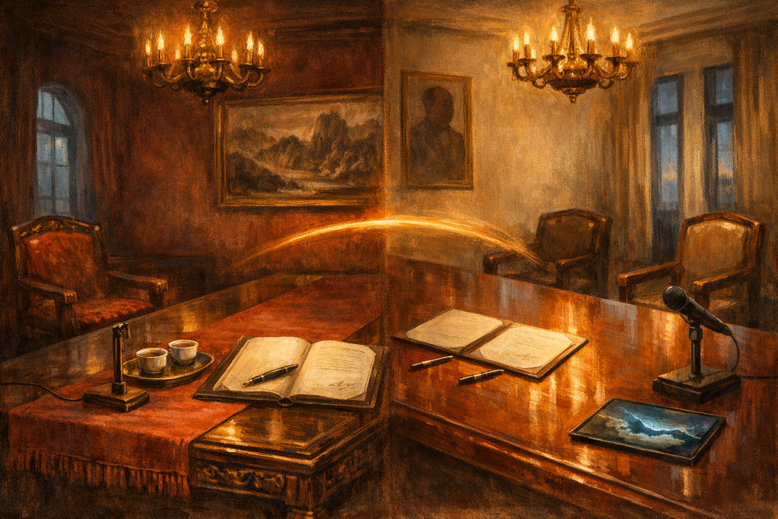 Editorial split-frame painting. On the left, a carved-walnut state reception salon at the Great Hall of the People in Beijing on the afternoon of 2 October 1959 after the failed Khrushchev-Mao meeting: a heavy carved-walnut reception table with two small porcelain Chinese teacups of cold untouched tea, an open bound document of the 1957 Sino-Soviet nuclear-sharing Agreement, a ceremonial silver-plated fountain pen lying across the page, a single carved-wood Soviet-style podium microphone stand on the corner of the table with no microphone head attached just the empty stand and the bare cable, two heavy carved-walnut diplomats' chairs pushed back at an angle as though just vacated, deep-oxblood-red painted-wall fading into deep umber, a single gilt-bronze chandelier casting warm amber light. On the right, the formal summit conference room at the Diaoyutai State Guesthouse in Beijing on the afternoon of 14 May 2026 just after the Trump-Xi joint statement: a long polished red-lacquer conference table with two bound parchment copies of the joint statement open at the signature page, two ceremonial silver-plated fountain pens lying parallel, a contemporary glass tablet face-up at the corner glowing with a faint cool electric-cyan painterly Iran briefing map of the Strait of Hormuz, a single carved-wood lectern microphone stand on the corner of the table with a modern microphone head attached, two heavy carved walnut diplomats' chairs pushed back at an angle as though just vacated, deep dark-walnut-panelled walls fading into deep umber, a gilt-bronze chandelier casting warm amber light. A luminous ribbon of warm amber light arcs across the centre of the image, joining the empty microphone stand on the left to the modern microphone on the right.