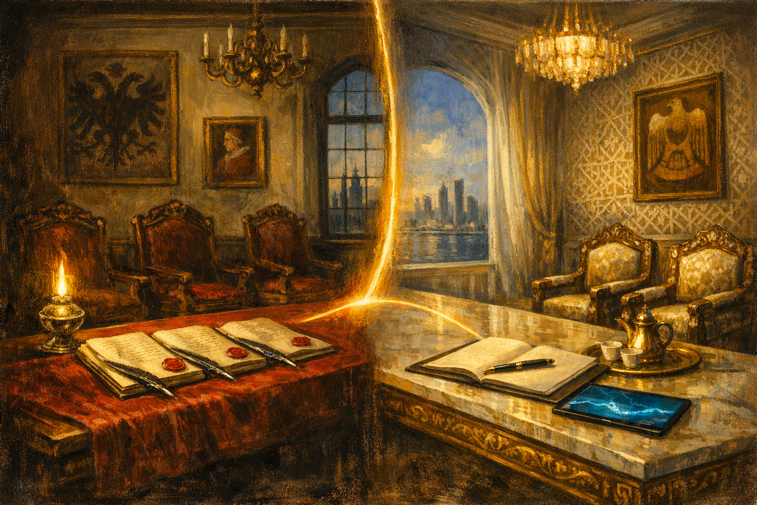 Editorial split-frame painting. On the left, the imperial audience hall of the Landhaus of Linz on the afternoon of 5 March 1684 just after the Holy League treaty has been signed: a long polished walnut signing table with a deep-red velvet runner, three bound parchment copies of the Holy League treaty open at the signature page, three ceremonial steel-nibbed quills lying parallel, three small wax seals (the imperial double-headed eagle for the Habsburgs, the white Polish eagle for Sobieski, the Lion of St Mark for Venice), three heavy carved-walnut diplomats' chairs pushed back at an angle as though just vacated, a single silver-and-glass oil lamp casting warm amber light, a leaded-glass casement window onto cool cobalt Linz afternoon, deep umber walls fading at the corners. On the right, a formal majlis salon at the Qasr Al Watan presidential palace in Abu Dhabi on the afternoon of 15 May 2026 just after the Zamir-Mohammed bin Zayed meeting has concluded: a long polished marble-and-gold-leaf majlis reception table with a single bound contemporary memorandum open at the closing page, a single ceremonial silver-plated fountain pen lying across the page, a contemporary 2026 glass tablet face-up at the corner glowing with a cool electric-cyan painterly representation of a Strait of Hormuz briefing map, an Arabic-style coffee dallah pot and two empty finjan cups on a brass tray, two carved-mother-of-pearl-inlaid Emirati majlis armchairs pushed back at an angle as though just vacated, deep pale-cream Islamic-geometric walls fading at the corners into deep umber, the Abu Dhabi corniche skyline beyond a tall window in cool cobalt May afternoon. A luminous ribbon of warm amber light arcs across the centre of the image joining the three wax seals on the left to the glowing tablet on the right.