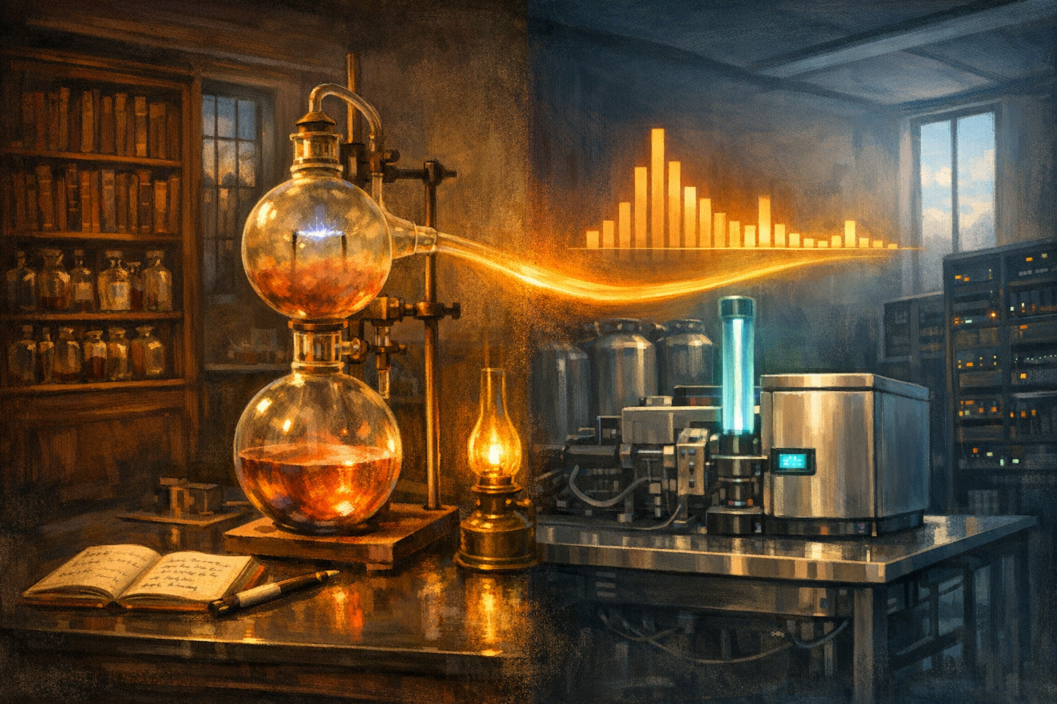 Editorial split-frame painting. On the left, the basement physical-chemistry laboratory of the Jones Chemical Laboratory at the University of Chicago in autumn 1952: a polished black-laminate bench with a hand-blown glass Miller-Urey apparatus of two round three-litre flasks connected by glass tubes and a glass condenser, the upper flask holding a tinted methane-ammonia-hydrogen gas mixture, the lower flask half full of water glowing faintly amber-pink, two tungsten electrodes sparking a faint cool electric-blue arc, a wooden retort stand and brass clamps, a leather-bound notebook with a mother-of-pearl fountain pen, a brass-and-glass kerosene bench lamp casting warm amber light, a tall apothecary cabinet in deep cool jade shadow, a tall leaded-glass casement window with a glimpse of a cool Chicago autumn evening. On the right, a modern astrobiology mass-spectrometry laboratory at the Weizmann Institute in May 2026: a stainless-steel optical bench with a tall stainless-steel mass spectrometer the size of a small refrigerator, a slim cool-cyan ionisation column, a stylised translucent bar chart of an amino-acid abundance distribution floating in soft focus above the spectrometer showing approximately twenty narrow vertical bars of dramatically uneven height in warm amber (the abiotic Miller-distribution pattern), a small cyan-glowing detector display, tall stainless-steel cryogenic dewars in deep cool jade-blue shadow, a tall narrow modern window with a cool Rehovot May afternoon sky beyond. A luminous ribbon of warm amber light arcs across the centre of the image, joining the 1952 lower flask on the left to the 2026 abundance chart on the right.