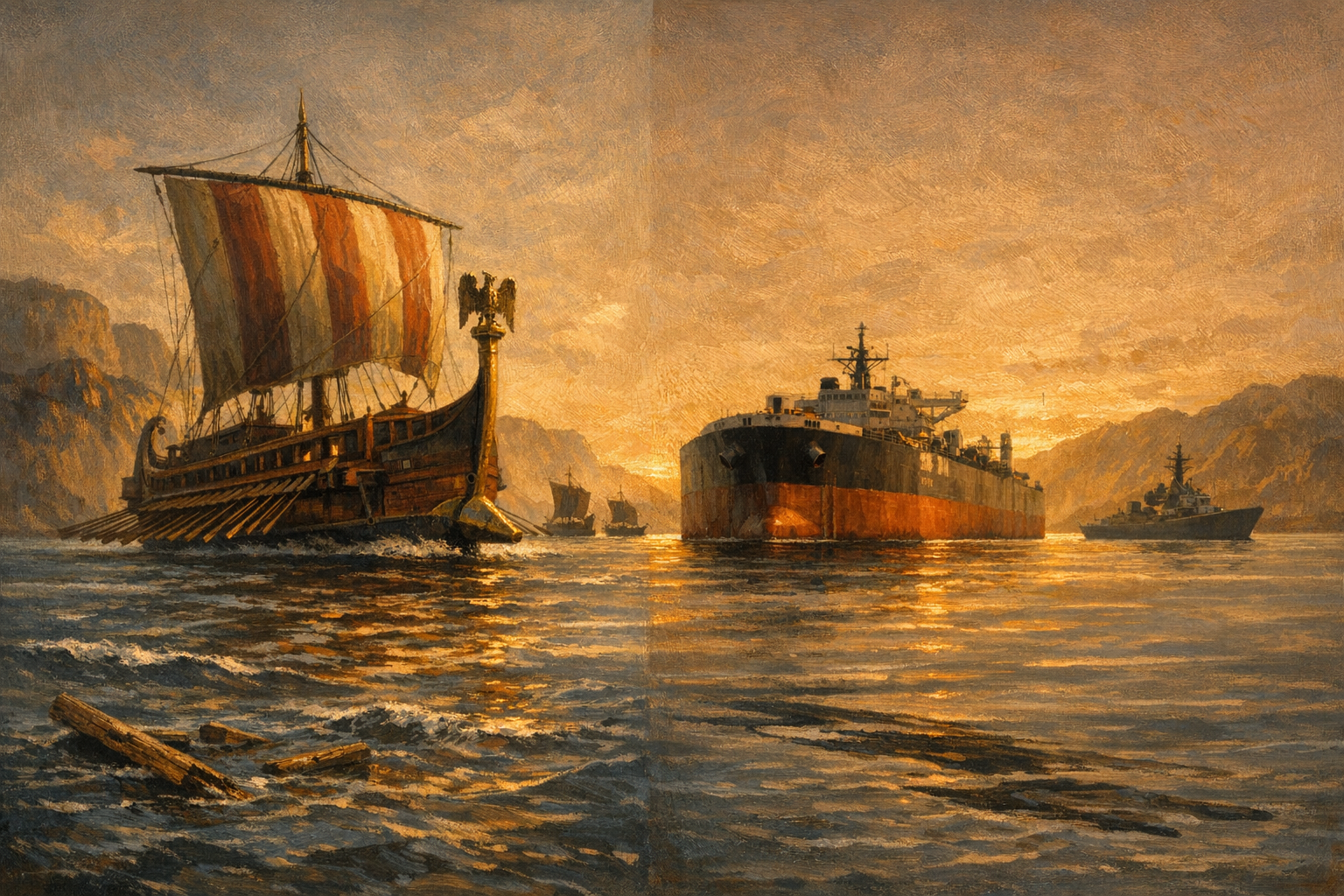 Editorial split-frame painting. On the left, the eastern Mediterranean off the cliffs of Cilicia on a hazy summer morning in 67 BCE: a Roman quinquereme war galley at the centre with three tiers of long oars, an oxblood-and-cream striped sail half-furled, a gilded eagle standard at the bow, a curved bronze ram at the prow; two small pirate galleys in silhouette in the mid-ground; the rocky umber Cilician coast in the background; slate-blue Mediterranean with white wave crests in the foreground. On the right, the Strait of Hormuz on the same hazy dawn in May 2026: a large oxblood-red oil tanker at anchor in the centre; a steel-grey US Navy destroyer in silhouette in the mid-ground to the right; the umber Musandam Peninsula in the background; slate-blue Gulf water with dark crude slicks in the foreground. The two halves share a single continuous amber dawn horizon, with one luminous ribbon of light arcing across the centre, joining the 67 BCE Cilician coast on the left to the 2026 Strait of Hormuz on the right.