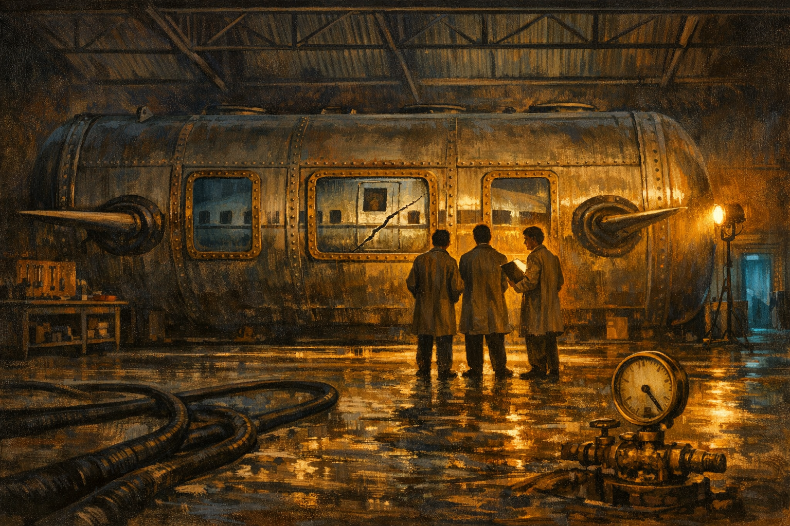 Editorial illustration. The vast riveted-steel water-tank test rig at the Royal Aircraft Establishment Farnborough on 24 June 1954. A horizontal steel cylinder dominates the centre of the frame, perhaps thirty metres long, with three rectangular observation portholes in brass-bolted frames along its flank. The polished aluminium fuselage of a de Havilland Comet 1 airliner is visible inside the central porthole through a thin film of remaining water. The Comet's slim wings protrude through the tank wall on either side through heavy black rubber seals. A long thin fatigue crack runs diagonally across the painted aluminium skin from the square corner of the forward port-side escape-hatch cutout. Three engineers in cream lab coats stand in soft umber silhouette in front of the tank, one holding a clipboard tilted to catch the light. A single bright tungsten work-lamp on an iron stand at the right throws warm amber directional light across the tank, the crack and the engineers. The polished concrete floor of the hangar is streaked with shallow pools of drained water reflecting the lamps; heavy black rubber industrial hoses snake across the floor; a brass pressure gauge sits on a bronze valve in the foreground with its needle slack. Cool steel-grey tin roof and riveted-iron trusses rise into deep umber shadow above. A faint cool electric-cyan glow leaks through a distant doorway on the far right.