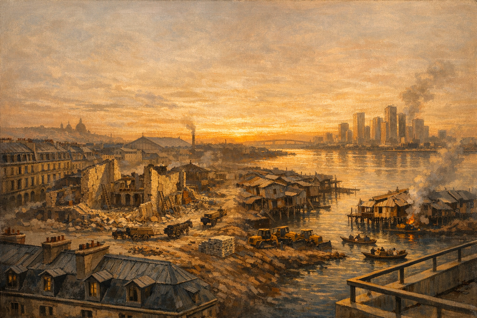 Editorial split-frame painting. On the left, central Paris under Haussmann's demolition on a hazy summer dawn in the late 1860s, viewed from a rue de Rivoli rooftop: surviving limestone Haussmann apartments with slate mansards in the foreground, a raw diagonal scar of demolition through a half-cleared block of medieval tenements with broken yellow-stone walls, workmen's ladders, horse-drawn rubble carts on the unpaved new boulevard, a stack of fresh paving stones; Gare de l'Est and Sacré-Cœur on the umber horizon. On the right, Lagos at the same hazy dawn in May 2026 from a Victoria Island rooftop: a concrete-and-glass luxury tower parapet in the foreground, a raw diagonal scar of demolition through Makoko stilt-houses with weathered painted-wood walls collapsed above the lagoon, three yellow government bulldozers, wooden canoes carrying displaced families' possessions, a smouldering stilt-house; Eko Atlantic glass towers and the Third Mainland Bridge on the horizon. A single luminous amber dawn ribbon arcs across the centre of the frame, joining 1860s Paris to 2026 Lagos.
