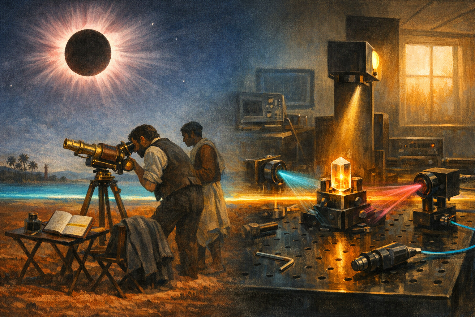 Split-frame editorial illustration. Left half: a small dusty clearing outside Guntur in southern India at totality of the total solar eclipse on 18 August 1868. The dark disc of the Moon eclipses the Sun in the upper-left of the frame, the pink-and-cream chromosphere blazing around the dark disc and the silver-white solar corona streaming outward in feather-like rays. On the dusty red-ochre plain a brass-and-mahogany Janssen-style spectroscope stands on a polished brass tripod aimed up at the eclipsed Sun. Pierre Janssen stands in soft umber silhouette in three-quarter rear profile bent forward at the eyepiece, charcoal-grey waistcoat and cream linen sleeves. An Indian assistant in cream cotton dhoti stands beside him holding a brass pocket-chronometer. A leather-bound observation notebook is open on a folding camp-table to the left with a hand-painted yellow stripe across one page indicating the newly-observed spectral line. A distant grove of palm trees and a colonial-era brick kiln chimney rise in soft umber on the far horizon. The totality sky above is cool electric-cyan and oxblood-purple with small leading stars visible at midday. Right half: a modern quantum-optics bench in a Max Planck laboratory in Erlangen in May 2026. A focused beam of warm sunlight descends from a periscope mirror tube down onto a transparent lithium niobate crystal mounted upright in a polished black-anodised aluminium holder at the centre of a matte-black optical breadboard. The crystal glows softly from within with a warm amber pinpoint. Two faint cones of cool electric-cyan and soft magenta entangled photon pairs fan outward from the back face of the crystal toward two matte-black avalanche-photodiode detectors mounted at the far edges of the bench. Fibre-optic cables run away from the detectors. The cool slate-grey walls of the laboratory rise into soft fluorescent shadow at the upper-right with a distant oscilloscope rack in soft umber silhouette at the upper-left. A frosted-glass window at the far upper-right lets in soft warm amber afternoon Erlangen sunlight. The two halves share a single continuous cool electric-cyan and warm amber horizon ribbon running edge to edge across the centre of the frame, joining the 1868 Guntur plain on the left to the 2026 Erlangen laboratory bench on the right.