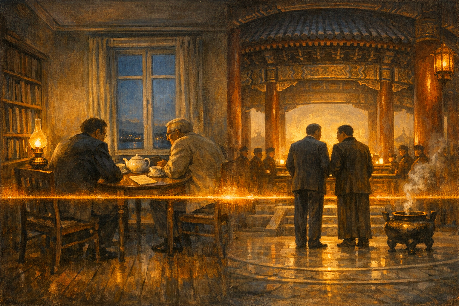 Editorial split-frame painting. On the left, the small upper-floor sitting room at Höfði House in Reykjavík on the cold evening of 12 October 1986: a small round wooden kitchen table in three-quarter view with two figures from behind, one in cream wool jacket, one in charcoal Soviet suit, facing each other in mid-conversation; cream porcelain teapot and two china teacups; a yellow legal-pad page; a brass-and-glass paraffin reading lamp on a side-table; a painted-cream bookcase behind; a tall wooden casement window onto a slate-blue Reykjavík October dusk with distant bay lights. On the right, the circular Hall of Prayer for Good Harvests at the Temple of Heaven in Beijing on the hazy late-afternoon of 15 May 2026: two figures from behind, one in navy-blue suit, one in dark charcoal Mao-collared suit, standing side by side facing the central altar stone on a white-marble circular floor; Chinese ceremonial officials in soft umber silhouette further back; the triple-eaved circular blue-tiled wooden roof rising above; red-lacquered pillars; a gilt-bronze lantern; a bronze incense burner with pale smoke; hazy Beijing skyline through the circular open doorway. A single luminous amber lamp-light ribbon arcs across the centre of the frame, joining the Reykjavík kitchen table to the Beijing temple altar.