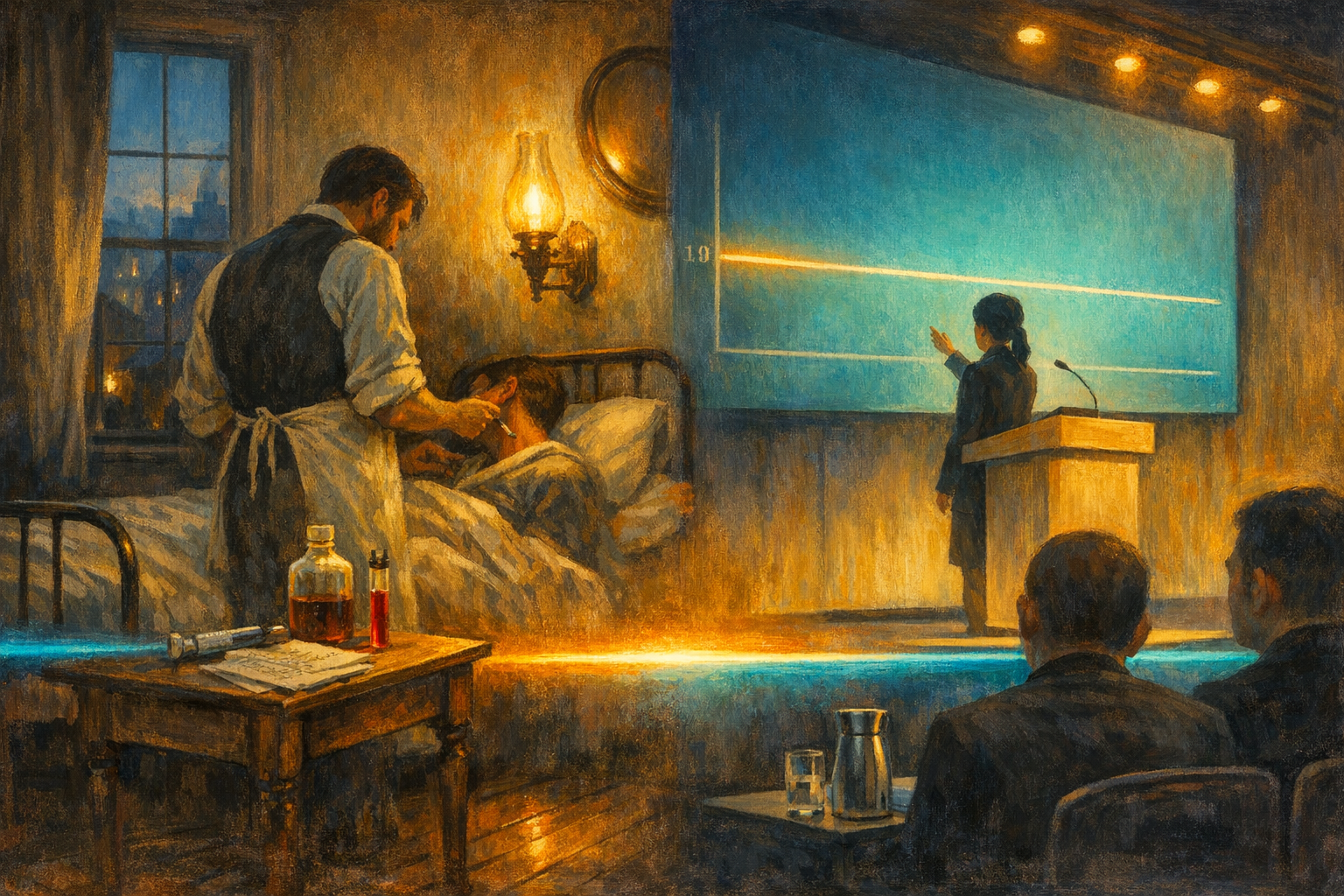 Split-frame editorial illustration. Left half: the gas-lit sarcoma ward at the old New York Hospital on Worth Street on the cool late afternoon of 3 May 1891. William Coley stands in soft umber silhouette in a cream linen surgeon's apron over charcoal-grey wool waistcoat and cream linen shirt-sleeves rolled up, applying a small glass dropper of Streptococcus pyogenes culture to a small cut on the neck of an Italian immigrant patient called Zola, who lies partially under cream linen sheets on a painted-iron-framed bed. A small wooden bedside table holds a glass syringe, a faint pinkish-red culture-tube of Streptococcus broth, and a small cream-and-cobalt glass medicine bottle. A folded handwritten chart with grey-pencil notes rests on the table. A brass-and-glass gas-lamp wall-sconce throws a warm amber pool of light across the bedside. A tall narrow sash window in the back wall opens onto a slate-blue Manhattan dusk with distant gas-lit street lamps. Right half: a modern AACR 2026 oncology conference auditorium in San Diego. A young east-Asian PhD student in dark-charcoal suit stands in three-quarter side profile at a modernist white-oak lectern, head turned toward the audience, right hand raised toward the screen above. A large modernist flat-panel display shows a stylised survival-curve plot of the NEOPRISM-CRC trial: a horizontal flat line in cool electric-cyan and warm amber at the top of the chart, running edge to edge across thirty-three months of follow-up, with no readable numbers — symbolic of zero relapses. Two audience members sit in soft umber silhouette in the front row. Warm amber pendant lamps from above cast amber pools onto the painted-cream stage walls. A continuous amber-and-cyan horizon ribbon runs edge to edge across the centre of the frame, joining the 1891 sarcoma ward on the left to the 2026 AACR auditorium on the right.