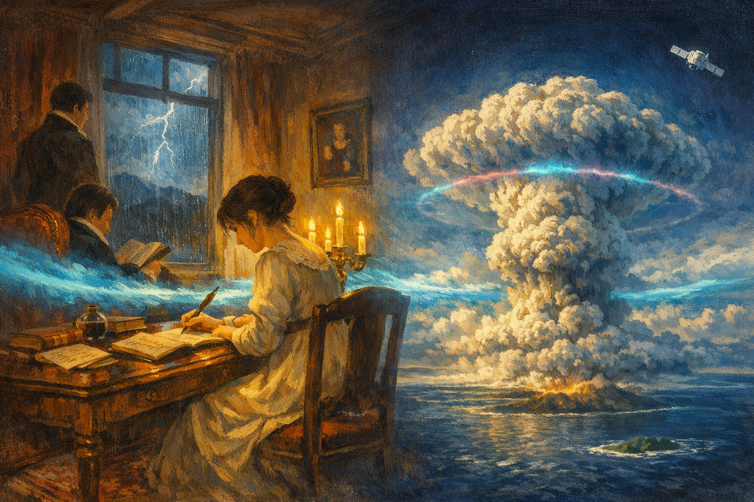Split-frame editorial illustration. Left half: the upstairs salon of the Villa Diodati above Lake Geneva on the stormy night of 16 June 1816. Mary Godwin (eighteen years old) sits at a polished mahogany writing desk in cream Regency day-dress with soft umber lace at the throat, dark hair pinned up, head bent forward in soft umber three-quarter silhouette, holding a quill pen above a leather-bound notebook. A three-flame brass candelabrum on the desk throws a strong warm amber pool of light across her. A leather-bound copy of the German horror anthology Fantasmagoriana lies open on the desk beside her. Behind her, Percy Shelley sits in soft umber rear silhouette in an oxblood-red wing-back armchair reading from a leather-bound book; at the back of the salon, Lord Byron stands in dark velvet jacket and cream linen cravat at a tall narrow casement window, looking out at a violent forked electric-cyan lightning bolt that strikes over the Jura mountains and the slate-blue Lake Geneva. Heavy rain streaks the window panes. A small painted-china teacup sits on the desk. Right half: a wide cinematic view from low Earth orbit, perhaps four hundred kilometres above the Pacific Ocean, looking down at the 15 January 2022 underwater eruption of Hunga Tonga-Hunga Ha'apai. The massive grey-and-cream umbrella cloud of the eruption rises perhaps fifty kilometres into the upper atmosphere. Concentric ash-grey and warm-amber atmospheric gravity-wave ripples spread outward from the central column in circular shockwave rings. A soft cool electric-cyan-and-magenta stylised chemistry-indicator halo visualises the methane-scavenging reactive chlorine forming around the upper plume column. A small matte-white modern satellite silhouette tracks the plume at the upper right. The dark slate-blue Pacific Ocean is visible below with the small green silhouette of the Tongatapu archipelago at the lower right. A continuous cool electric-cyan storm-and-sky ribbon runs edge to edge across the centre of the frame, joining the 1816 Villa Diodati storm window on the left to the 2022 Pacific stratosphere on the right.