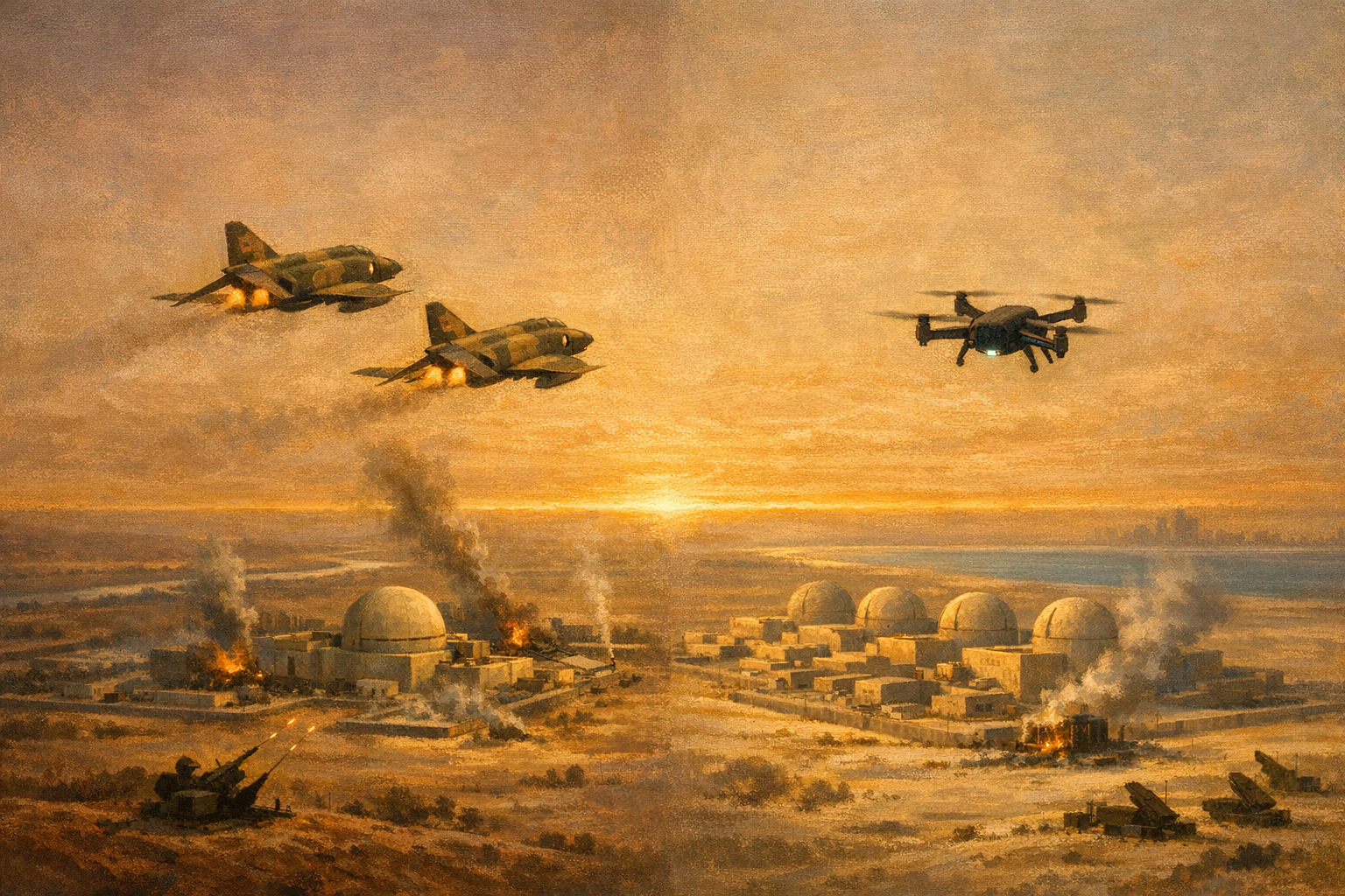 Editorial split-frame painting. On the left, an aerial three-quarter rear view above two retreating Iranian F-4 Phantom II combat aircraft pulling out of a bombing run on the Osirak reactor at Tuwaitha 17km south-east of Baghdad at dawn on 30 September 1980; olive-drab and cream camouflage; amber afterburner flares; the painted-cream concrete containment dome in the lower-third with a broken secondary cooling building and a column of pale grey smoke; a single Iraqi anti-aircraft battery firing tracer rounds; the Tigris winding cool slate-blue across the upper-left horizon. On the right, an aerial three-quarter rear view above a single small matte-black armed quadcopter drone flying away from the UAE's Barakah Nuclear Energy Plant at dawn on 18 May 2026, the morning after the drone strike; the four painted-cream APR-1400 reactor domes arranged in a neat row in the lower-third; a charred electrical substation generator at the perimeter still smoking; UAE Patriot battery silhouettes at the outer perimeter; the Arabian Gulf coast in cool slate-blue across the upper-right horizon with a hazy Abu Dhabi skyline silhouette at the far right edge. A single luminous amber dawn ribbon arcs across the centre of the frame, joining 1980 Tuwaitha to 2026 Barakah.
