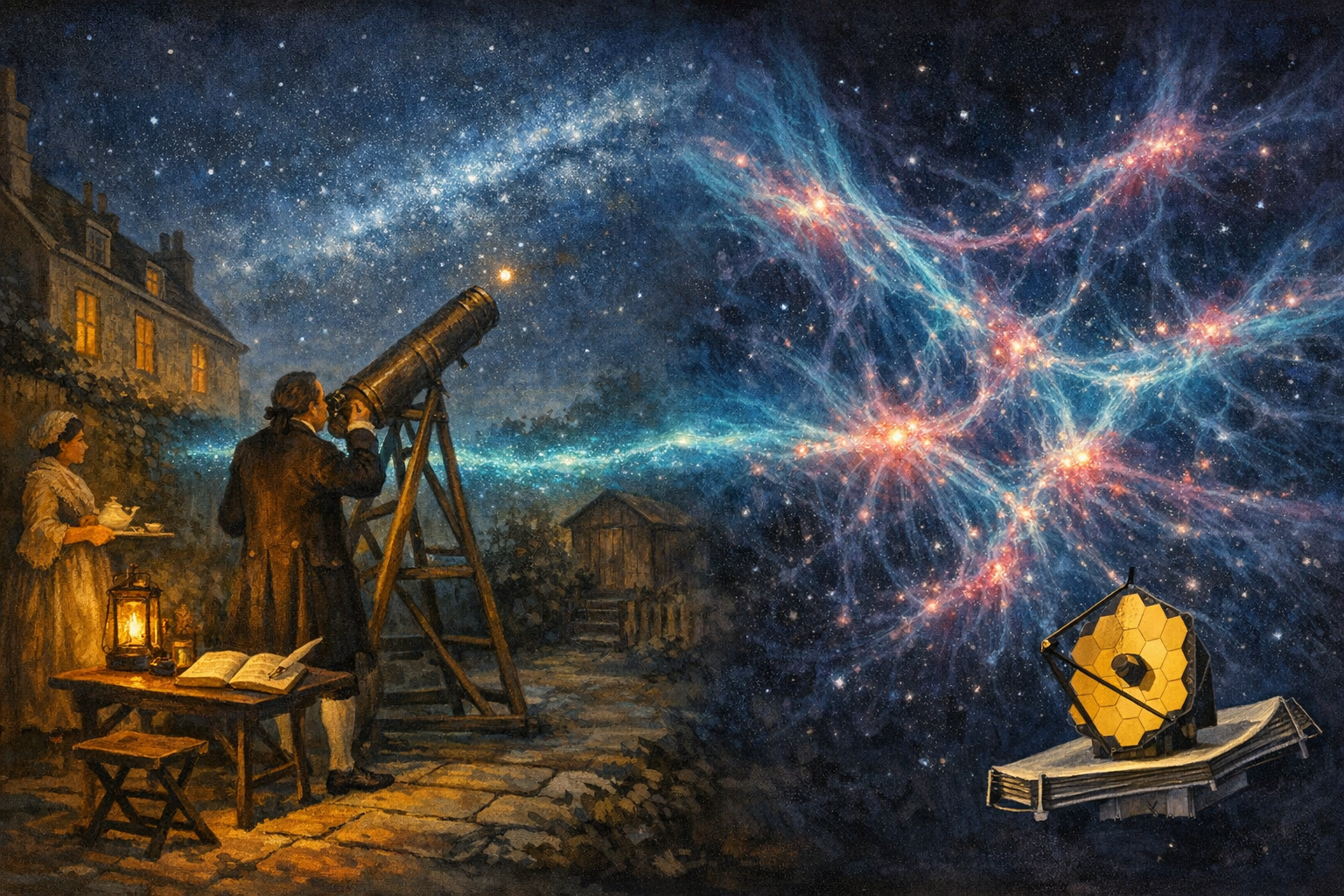 Split-frame editorial illustration. Left half: the small walled back garden of the Herschel family terraced house at 19 New King Street in Bath on the clear cool night of 13 March 1781. William Herschel stands in dignified three-quarter rear silhouette in dark woollen frock coat, cream linen cravat at the throat, short-buckled breeches and white stockings, dark hair tied back in a black silk queue. He is at the brass eyepiece of his home-built seven-foot Newtonian reflector, the painted-wood tube approximately two metres long mounted on a wooden A-frame altazimuth stand and tilted up at the upper-right of the night sky. A warm amber brass-and-glass shielded oil lantern hangs from an iron hook on the garden wall at the lower-left, throwing a warm amber pool of light across a small wooden observing table on which a hand-bound leather observing log lies open with a white quill pen and a hand-blown glass inkwell. Caroline Herschel stands at the far left edge in cream Regency morning-dress with a soft umber lace shawl and small wire-rimmed spectacles, holding a painted-china tea-tray with a small painted-cream teapot. The Georgian painted-cream rear elevation of the house rises behind, with a small painted-wood garden shed beyond. A small warm amber pinpoint planet (the newly-discovered Uranus) is just above the upper-right edge of the telescope's aperture; the cool indigo-and-slate-blue clear March night sky is filled with pinpoint stars and the silvered arc of the Milky Way bridges the centre of the frame. Right half: the JWST COSMOS-Web cosmic-web visualisation. A stylised editorial three-dimensional rendering of the cosmic web shows cool electric-cyan dark-matter filaments stretching across cool deep space in curving organic lines tens of millions of light-years long, with soft magenta-and-amber pinpoint galaxies strung along the strands like dewdrops on a spiderweb. Vast nearly-empty voids fill the deep-blue space between filaments. Small soft cream-and-magenta galaxy clusters glow at the nodes where multiple filaments meet. A faint cool-cyan-to-warm-magenta colour gradient through the visualisation indicates cosmic time. The matte-white painted-aluminium silhouette of the James Webb Space Telescope, with its hexagonal gold-and-cream primary mirror and diamond-shaped cream sun-shield, is at the lower right. A continuous cool electric-cyan starry-sky ribbon runs edge to edge across the centre of the frame, joining the 1781 Bath garden sky on the left to the 2026 cosmic web on the right.