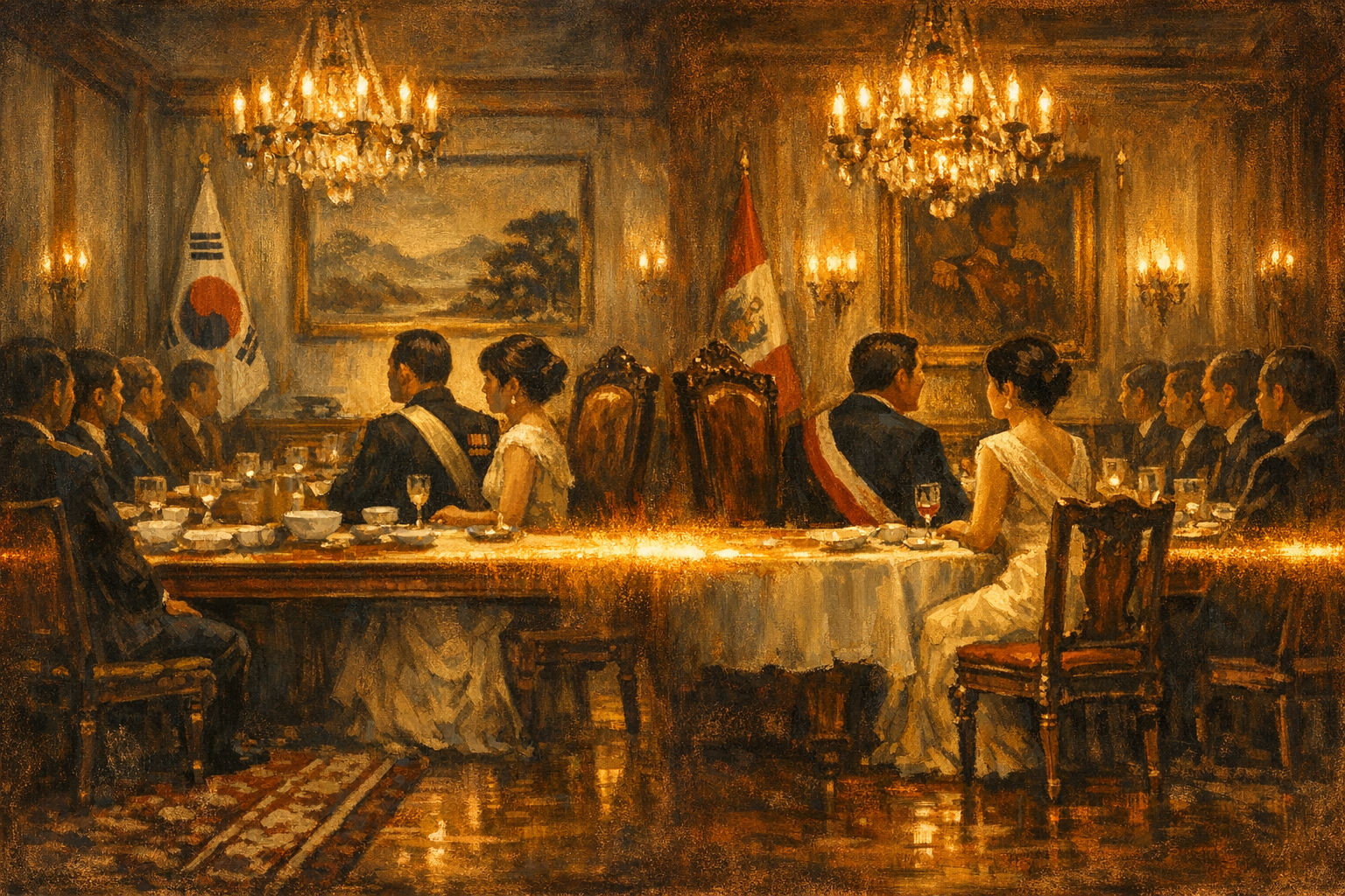 Editorial split-frame painting. On the left, a formal state dinner in the Blue House banquet hall in Seoul, autumn 1977: President Park Chung-hee in soft umber silhouette at the head of the table in dark military uniform with medals and a cream silk sash; Park Geun-hye at 25 in cream silk evening gown at the first-lady seat to his right; an empty heavy carved oak dining chair on the president's left for the absent mother; cabinet ministers in soft umber silhouette along the table; South Korean Taegeuk flag on a brass standard; gilt-framed Korean landscape painting; brass-and-crystal chandelier above. On the right, a formal state dinner in the Government Palace banquet hall in Lima, autumn 1996: President Alberto Fujimori in soft umber silhouette at the head of the table in dark navy suit with an oxblood-red presidential sash; Keiko Fujimori at 21 in cream-and-soft-umber evening gown at the first-lady seat to his right; an empty heavy carved cedar dining chair on the president's left for the absent mother; cabinet ministers in soft umber silhouette; Peruvian red-white-red flag on a brass standard; gilt-framed Spanish-colonial portrait of Bolívar; brass-and-crystal chandelier above. A single luminous amber chandelier-light ribbon arcs across the centre of the frame, joining the 1977 Seoul Blue House banquet to the 1996 Lima Government Palace banquet.