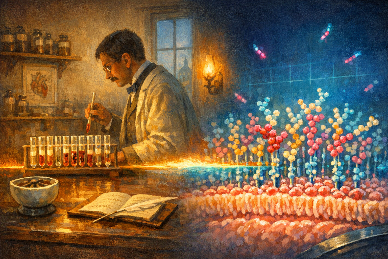 Split-frame editorial illustration. Left half: the small first-floor laboratory of the Institute of Pathological Anatomy on Spitalgasse in central Vienna on a cool winter afternoon in 1900. Karl Landsteiner stands in three-quarter rear silhouette at the polished oak laboratory bench in cream linen laboratory apron over charcoal-grey wool three-piece suit, slim small wire-rimmed reading spectacles, short dark hair parted neatly, short dark moustache, slate-blue silk bow tie at the throat. He holds a small hand-blown glass pipette over a hand-blown glass test-tube rack at the centre of the bench. The rack holds about twenty test tubes, each containing a cream serum layer above a small pellet of red blood cells; three of the tubes are clearly clumped, showing small dark oxblood-red grains suspended in the serum (the agglutination), while the others remain clear. A small porcelain centrifuge bowl sits on the lower-left of the bench. A hand-bound leather laboratory notebook lies open at the lower-right with soft umber pen-strokes in brown iron-gall ink. A brass-and-glass green-shaded laboratory lamp at the far right throws strong warm amber light across the tubes. Glass-stoppered period chemical jars line the painted-wood shelf on the back wall. A small framed lithograph of an anatomical heart hangs on the side wall. A tall narrow sash window at the back wall opens onto a cool slate-blue Vienna winter courtyard with distant Habsburg-era rooftops. Right half: a stylised abstract super-resolution microscope view of the glycocalyx on a single human cell at the Max Planck Institute for the Science of Light in Erlangen in May 2026. Below the centre of the right half, a soft pinkish-amber curved horizontal band represents the cell's outer lipid bilayer membrane. Rising above it, a forest of branched sugar polymers rendered as connected coloured beads: cool electric-cyan sialic acid, soft magenta galactose, soft amber N-acetylglucosamine, and soft cream fucose units, attached at the bottom to small soft slate-blue painted membrane-protein anchors emerging from the membrane. The glycocalyx forest is perhaps three to five hundred nanometres tall in the visualisation. Small fluorescent cool electric-cyan and soft magenta DNA-tagged lectin probes are scattered in the upper dark-field. A faint cool electric-cyan super-resolution scan grid runs across the upper portion of the visualisation. The cool deep electric-cyan and slate-blue microscope dark-field background fades into very dark blue at the very top. A continuous warm amber-and-cool electric-cyan horizon ribbon runs edge to edge across the centre of the frame, joining the 1900 Vienna test-tube grid on the left to the 2026 super-resolution glycocalyx on the right.