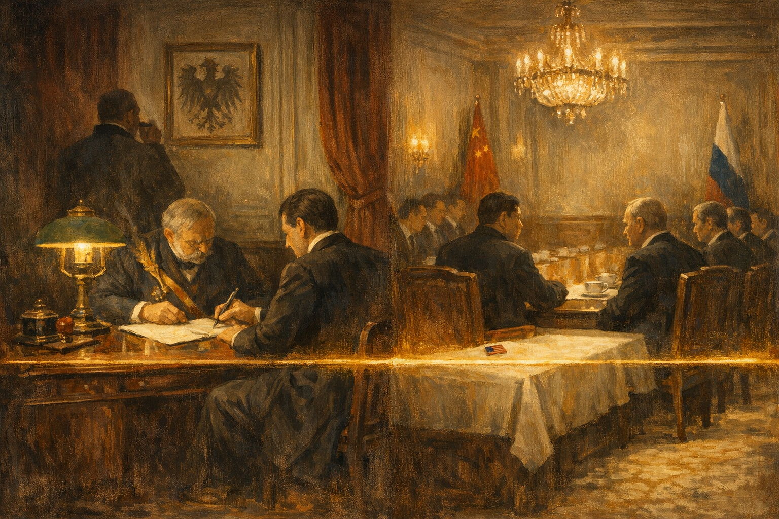 Editorial split-frame painting. On the left, the secret signing of the Russo-German Reinsurance Treaty in an office of the German Foreign Ministry on the Wilhelmstrasse in Berlin on the evening of 18 June 1887: Herbert von Bismarck and the Russian ambassador Pavel Shuvalov seated across a polished walnut writing desk in soft umber three-quarter view from behind, mid-signature; a brass paraffin desk lamp casting a warm amber pool; the silhouette of Otto von Bismarck himself watching from a half-open doorway in a heavy dark frock coat with a cigar; framed sepia engraving of the Hohenzollern eagle; heavy oxblood-red velvet curtains. On the right, the bilateral chamber of the Great Hall of the People in Beijing on the afternoon of 20 May 2026: Xi Jinping at the head of a long mahogany table in soft umber silhouette, Vladimir Putin to his right with a joint-statement folder and a china teacup, and a conspicuously empty heavy carved oak chair on Xi's left marked by a small painted American flag pin on the linen tablecloth where Trump had sat 48 hours earlier; cabinet officials in soft umber silhouette along the opposite side; Chinese flag at the back-left; Russian flag at the back-right; brass-and-crystal chandelier above. A single luminous amber lamp-and-chandelier-light ribbon arcs across the centre of the frame, joining the 1887 Wilhelmstrasse secret signing to the 2026 Beijing public bilateral.