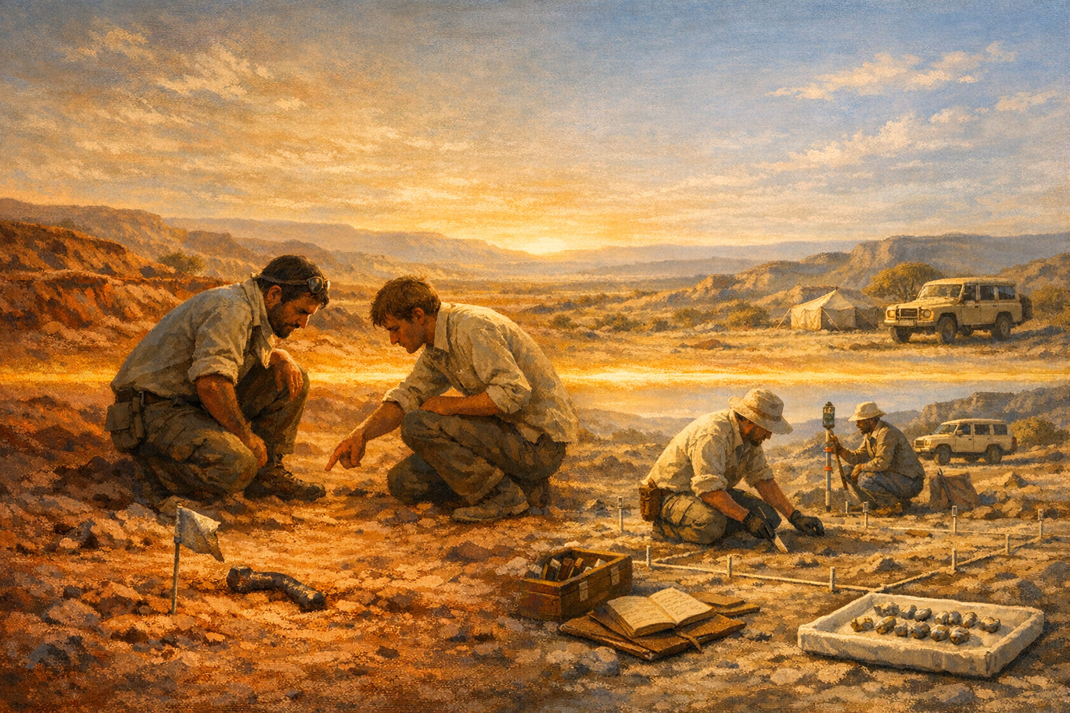 Split-frame editorial illustration set in the Afar Triangle of northeastern Ethiopia, with a continuous warm amber Ethiopian golden-hour horizon binding both halves. Left side: late afternoon 24 November 1974, Hadar badlands. Donald Johanson and his graduate student Tom Gray, both in cream khaki field shirts with rolled-up sleeves and olive-green field trousers, crouched in the dry red-ochre dust of a small dry watercourse, looking down at the first small dark curved fragment of Lucy's hominin arm bone half-buried in the dust at their feet. A small painted-aluminium fossil marker flag stands beside the fragment. A 1974-era painted-cream Land Rover field jeep is parked perhaps twenty metres back at the upper-right of the historical half. Eroded red-ochre Afar gullies and small painted-cream Pliocene sedimentary cliffs recede to the painterly mid-far horizon, with the cool slate-blue Awash River valley visible curving across the upper-left distance. Right side: clear cool morning 14 August 2025, Ledi-Geraru research project field site in the same Afar region a few hours' drive from Hadar. Three modern paleoanthropology field-team members kneel around a metre-by-metre cotton-string excavation grid laid across the dusty grey-ochre ground. Brian Villmoare in a wide-brimmed cream sun-hat and cream field shirt sweeps the fossil-bearing surface carefully with a small artist's brush. A young Ethiopian field colleague in cream cotton field shirt holds a modern digital total-station survey rod. A third graduate student in cream field shirt takes notes at the back-right. The thirteen newly-recovered hominin teeth from Ledi-Geraru lie carefully separated on a cream cotton padded tray at the lower-right of the grid. A small painted-wood field-tool box holds dental picks and bronze trowels at the lower-left. A modern painted-cream Toyota Land Cruiser is parked at the upper-right edge of the modern half, and a painted-cream canvas field-camp tent stands in the middle distance. The same eroded grey-ochre Afar badlands stretch to the painterly mid-far horizon under the same warm amber Ethiopian late-morning dusty sky.