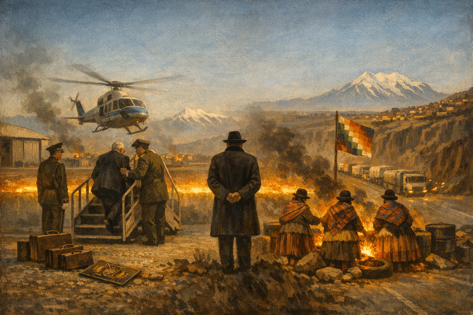 Editorial split-frame painting. On the left, the gravel airstrip of El Alto International Airport on the canyon rim above La Paz on the cold clear high-altitude morning of 17 October 2003: a small white-and-blue Bolivian Air Force helicopter has just lifted off; the soft umber rear silhouette of a 73-year-old Sánchez de Lozada in dignified dark charcoal-grey wool business suit being helped up the airstair by a Bolivian Army aide-de-camp in dark olive-green uniform; a stack of leather diplomatic briefcases on the gravel; a single Bolivian Army officer standing at attention; thin columns of pale grey-and-warm-amber smoke rising from distant burning tyres on the canyon-road barricades below; painted-cream low El Alto hangar at the back; distant snow-capped Mount Illimani at the back-right horizon. On the right, the same canyon road on the cold clear morning of 20 May 2026: a barricade of painted-iron oil drums and burning car tyres at the centre tended by three soft umber silhouettes of Aymara women in oxblood-red and ochre pollera skirts, dark wool bowler hats and brightly-coloured striped manta shawls; warm amber tyre-fire flames flickering; a slim painted-bronze wooden pole flying a wiphala rainbow flag; a long line of stranded fuel tankers and food trucks fading into the canyon road; the same distant snow-capped Illimani at the back-right horizon; painted-cream and ochre rooftops of El Alto rising at the back-left. At the very centre seam, the small soft umber silhouette of a single figure in heavy dark wool overcoat and a slim dark wool fedora standing on the canyon rim with his back to the camera, hands clasped behind his back, looking down at the road (the architect, unnamed). A single luminous amber barricade-fire-and-lamp-light ribbon arcs across the centre of the frame, joining the 2003 helicopter exit to the 2026 barricaded road.