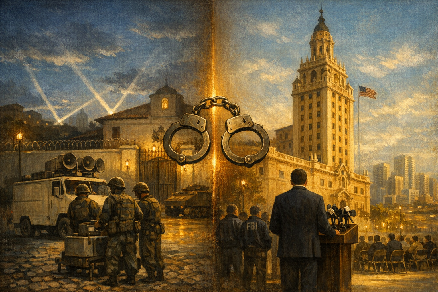 Editorial split-frame painting. On the left, the public square at the foot of the Vatican Embassy in central Panama City on the cold tropical evening of late December 1989, mid-PSYOP siege: the painted-cream nunciature compound walls topped with razor wire; a US Army XM915 PSYOP loudspeaker truck parked diagonally with painted-bronze speakers pointed at the embassy gate; three soft umber silhouettes of US Army PSYOP soldiers in dark olive-green tropical camouflage tending the loudspeaker stack; faint warm amber light through a single upper-storey window where Noriega was hiding; painted-bronze Vatican coat-of-arms above the central doorway; distant silhouettes of two US Army M113 armoured personnel carriers at the compound perimeter. On the right, the painted-cream colonial-revival Freedom Tower on Biscayne Boulevard in downtown Miami on the cool clear morning of 22 May 2026: a painted-bronze press lectern with TV and radio microphones at the building's main entrance steps; the soft umber rear silhouette of the US Attorney for the Southern District of Florida in dignified dark navy wool business suit at the lectern; a line of six soft umber rear silhouettes of US federal agents in dark navy windbreakers with painted-bronze badges; the Freedom Tower rising seventeen storeys with painted-bronze Mediterranean Revival ornament and a painted-cream cupola; the modern downtown Miami skyline behind; a painted American flag flying on a painted-bronze flagpole. At the very centre seam between the two halves, the small soft umber silhouette of a single US Marshals Service handcuff suspended in mid-air. A single luminous warm amber courtroom-and-floodlight horizon ribbon arcs across the centre of the frame, joining the 1989 Panama City Vatican Embassy siege to the 2026 Miami Freedom Tower indictment announcement.