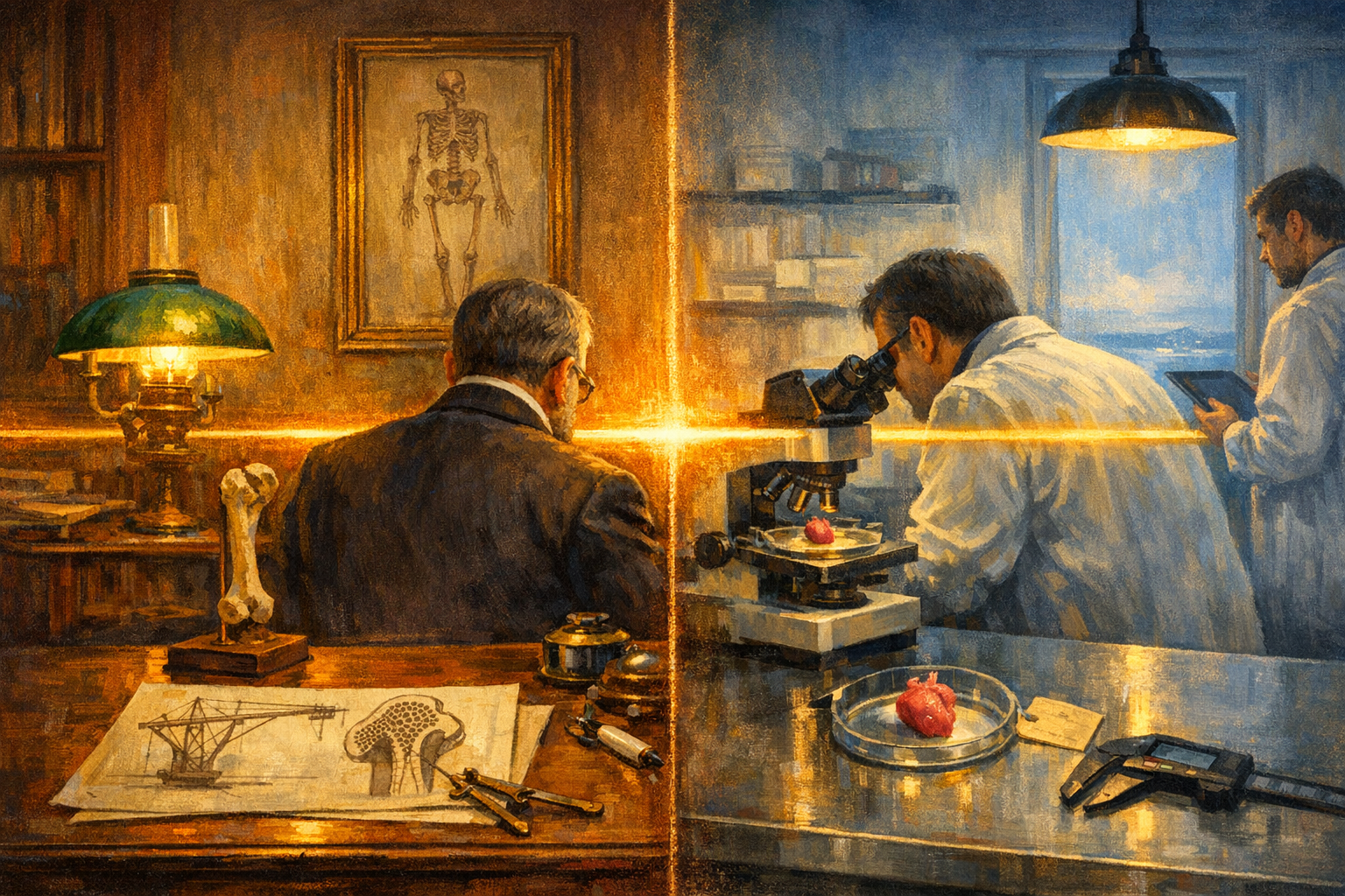 Split-frame editorial illustration. Left side: 1892 Berlin, late autumn evening. Julius Wolff in dark wool frock coat with cream linen wing-collar and dark silk cravat, short dark hair starting to grey at the temples, short dark beard, wire-rimmed reading spectacles, seated in three-quarter rear silhouette at a polished oak study desk in his orthopaedic clinic on the Markthallenstrasse. On the parchment in front of him lies a comparative diagram: on the left of the page, an idealised Fairbairn-style crane jib with stress trajectories inked through the metal in arches that cross at right angles. On the right of the page, a coronal cross-section of a human femoral head with the trabecular lattice rendered in soft umber, showing the same arched pattern. A brass-and-walnut divider compass lies across the lower-right corner of the parchment. A bronze inkwell and mother-of-pearl-handled steel fountain pen sit at the upper-right of the desk. A small painted-walnut museum specimen stand beside the desk holds an anatomical-specimen drawing of a real human femur. The painted-cream Markthallenstrasse panelled walls rise into soft warm amber shadow. A brass-and-glass green-shaded paraffin study lamp on the upper-left corner of the desk casts a soft amber pool of light. A tall narrow casement window at the back wall opens onto a cool slate-blue Berlin late-autumn evening with faint snowflakes visible. Right side: late April 2026, Trieste, Italy. Giulio Ciucci in cream cotton-and-poly laboratory coat over navy business shirt, short dark hair, small dark spectacles, leaning forward in three-quarter side silhouette over a modern matte-black dissecting microscope at a polished modern stainless-steel laboratory bench. On the microscope stage sits a small painted-pink mouse heart approximately the size of a pea on a cream specimen-stage card. A modern matte-black digital caliper sits at the lower-right of the bench with a faint cool electric-cyan readout. A modern flat-screen monitor turned slightly away from camera at the lower-left of the bench shows a faint cool electric-cyan spatial-transcriptomics colour map. A younger Italian postdoctoral researcher in modern cream laboratory coat at the far back-right of the bench holds a modern matte-black digital tablet in three-quarter rear silhouette. The painted-cream-and-soft-amber laboratory walls of the ICGEB Trieste building rise into soft umber shadow. A modern hanging matte-black laboratory lamp casts a soft amber pool of light. A tall narrow modern frosted-glass window at the back wall opens onto a cool slate-blue Trieste April morning with a faint distant glimpse of the Adriatic Sea in soft slate-blue at the far horizon. The two halves share a single warm amber lamp-and-laboratory-light horizon ribbon running edge to edge across the centre of the frame.