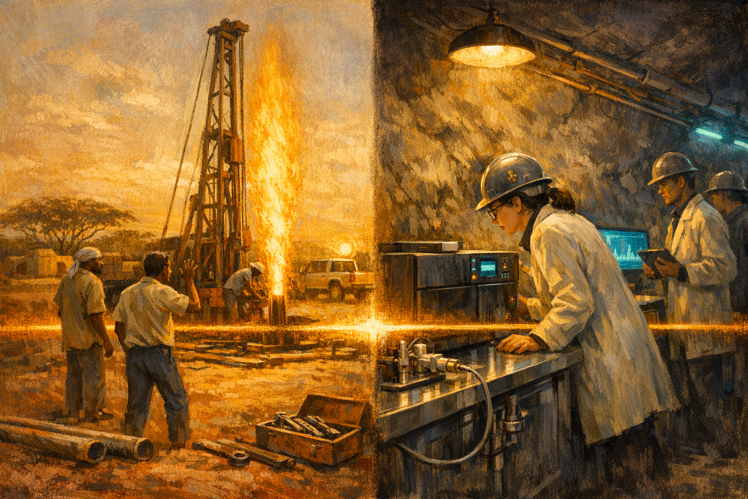 Split-frame editorial illustration. Left side: late afternoon hot dry-season sun, 1987, Bourakebougou, Mali, 50 km north of Bamako. A painted-cream-and-soft-rust 1980s-era water-well drilling rig stands at the centre with a painted-iron drilling derrick approximately eight metres tall. A column of pale-amber natural-hydrogen flame rises about three metres above the wellhead casing. A Malian drilling worker in cream cotton work-shirt and slate-blue cotton work-trousers stands three metres back in three-quarter rear silhouette with his hand raised in surprised gesture. A second Malian worker in cream cotton work-shirt and soft-white cotton head-cloth watches from the far back-left. The red-and-ochre Sahelian dust of Bourakebougou with cream pebbles in the foreground. A painted-iron drill-pipe section lies across the lower-left. A painted-bronze drilling-tool box with painted-iron wrenches sits at the lower-right. Mud-brick cream-and-rust rectangular Bourakebougou village houses recede to the distant horizon at the upper-left, with slim acacia trees scattered along the mid-far horizon. A 1980s-era painted-cream-and-rust Toyota Land Cruiser pickup is parked at the back-right. The wide warm amber-and-pale-orange Mali late-afternoon dry-season sky fills the upper portion with faint cirrus clouds. Right side: cool clear morning in mid-May 2026, deep underground at the Kidd Creek copper-zinc mine in northern Ontario, 2.4 kilometres beneath the surface. Barbara Sherwood Lollar in modern cream cotton-and-poly laboratory coat, navy modern business shirt, short dark-and-grey hair, wire-rimmed reading spectacles and a painted-iron-grey safety hard-hat with a small painted-bronze University of Toronto crest, in three-quarter side silhouette leaning forward over a polished modern stainless-steel measurement-station bench. A modern matte-black gas-chromatography instrument with faint cool electric-cyan readouts sits at the centre of the bench. A stainless-steel sampling port connects via stainless-steel tubing to a sealed-off borehole hatch in the mine wall at the lower-right. A flat-screen monitor at the upper-right of the bench shows a faint cool electric-cyan continuous-discharge time-series graph. A younger Canadian postdoctoral associate in cream laboratory coat and iron-grey safety hard-hat at the far back-right holds a modern matte-black digital tablet in three-quarter rear silhouette. A third mine technician's painted-iron-grey safety helmet is visible at the far back-left. The painted-iron-grey rough rock walls of the Kidd Creek mine drift rise into soft umber shadow at the upper edges, with painted-iron rock-bolt anchors visible along the walls. A modern hanging matte-black LED mining-light suspended from the drift ceiling casts a soft amber pool of light across the bench. Cool electric-cyan emergency LED strips run along the far back of the drift. The two halves share a single continuous warm amber lamp-and-fire horizon ribbon running edge to edge across the centre of the frame.