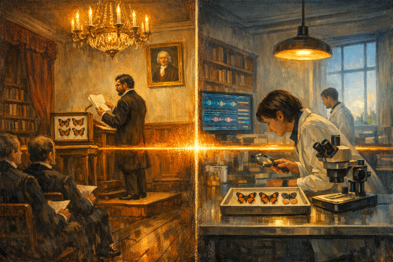 Split-frame editorial illustration. Left side: cool late-autumn London evening of Thursday 21 November 1861, interior of the Linnean Society meeting hall at Burlington House on Piccadilly. Henry Walter Bates at the painted-walnut speaker's lectern in dark wool frock coat with cream linen wing-collar, dark silk cravat, short dark hair, short dark beard and moustache, wire-rimmed reading spectacles, in three-quarter rear silhouette holding a hand-bound foolscap manuscript above the lectern. Beside the lectern, a painted-walnut display stand holds a small painted-cream-and-soft-amber Victorian cork-and-glass specimen case displaying pinned soft-orange-and-black Heliconius and Ithomiini butterfly specimens. Polished oak floorboards in the foreground with the painted-walnut backs of seated Linnean Fellows in Victorian formal evening dress visible in three-quarter rear silhouette. Painted-cream Linnean Society walls rise into soft warm amber chandelier-glow, with gilt-framed sepia portraits of past Linnean presidents on the back walls and a prominent gilt-framed portrait of Carl Linnaeus above the lectern. Painted-walnut bookshelves along the side walls hold leather-bound natural-history volumes. An ornate brass-and-crystal Victorian chandelier hangs above the lectern casting strong directional warm amber light. Tall narrow casement windows at the back are covered by heavy oxblood-red velvet curtains. Right side: clear cool morning of early May 2026, interior of the Lepidoptera genomics laboratory at the Wellcome Sanger Institute on the Wellcome Genome Campus near Hinxton in Cambridgeshire. A senior genomics researcher in modern cream cotton-and-poly laboratory coat over navy modern business shirt, short dark hair, dark spectacles, in three-quarter side silhouette leaning forward over a polished modern stainless-steel laboratory bench with a small painted-bronze hand-held magnifying lens. On the bench, a modern cream-and-glass specimen-tray holds three pinned soft-orange-and-black Heliconius and Ithomiini butterfly specimens beside a painted-soft-grey-and-cream Chetone moth specimen. A modern matte-black dissecting microscope sits at the upper-right. A modern flat-screen monitor at the upper-left of the bench shows a cool electric-cyan-and-soft-pink genomic-alignment plot with soft umber gene-track lines and painted-cool-amber labels for the ivory and optix genes. A younger postdoctoral researcher in modern cream laboratory coat at the far back-right of the bench holds a modern matte-black digital tablet in three-quarter rear silhouette. The painted-cream-and-soft-amber Sanger Institute laboratory walls rise into soft umber shadow at the upper edges. A modern hanging matte-black laboratory lamp casts a soft amber pool of light across the bench. A tall narrow modern frosted-glass window at the back wall opens onto a cool slate-blue Cambridgeshire May morning. The two halves share a single continuous warm amber chandelier-and-lamp horizon ribbon running edge to edge across the centre of the frame, joining the 1861 Linnean Society lecture hall on the left to the 2026 Sanger Institute laboratory on the right. The same soft-orange-and-black Heliconius butterfly specimens appear in a Victorian cork-and-glass specimen case on the left and on a modern stainless-steel specimen-tray on the right as the central visual continuity hook.