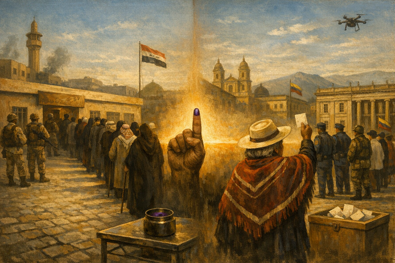 Editorial split-frame painting. On the left, the courtyard of the Karrada district school polling station in central Baghdad on the cool clear morning of Sunday 30 January 2005: a long queue of soft umber rear silhouettes of Iraqi voters of all ages extending across the cobblestone courtyard, men in dark thawbs and traditional Arab keffiyeh, women in painted-black abayas and hijab; at the centre, an elderly Iraqi woman in dark abaya holds her right index finger raised above her head with the fingertip stained warm violet (the iconic 2005 image); a painted-cream low Iraqi school building behind with a painted-bronze IIEC polling-station banner above the door; two soft umber rear silhouettes of Iraqi Army soldiers in painted-cream-and-painted-ochre desert dress uniform at attention; thin columns of pale grey smoke rising from a distant suicide-bombing site at far back-left horizon. On the right, the Plaza de Bolívar in central Bogotá on the cool clear morning of Sunday 31 May 2026: a long queue of soft umber rear silhouettes of Colombian voters of all ages extending across the cobblestone plaza; at the centre, an elderly Colombian Indigenous Nasa woman in painted-oxblood-red and painted-cream traditional Nasa textile ruana and painted-cream cotton sombrero holds a painted-cream Colombian ballot card raised above her head; the painted-cream colonial-era Capitolio Nacional building rising at back with painted-bronze Doric columns; the painted-cream colonial-era Catedral Primada de Bogotá at back-left; the painted Colombian yellow-blue-red tricolour on a painted-bronze flagpole at back-right; the distant Cerro de Monserrate at far back-right horizon in painterly soft slate-blue; a painted-bronze quadcopter drone faintly visible at the far upper-right edge of the frame in painterly soft umber silhouette. At the very centre seam, the small soft umber silhouette of a single right hand raised vertically with the index finger extended upward, the fingertip stained painterly warm violet (the purple finger). A single luminous warm amber polling-station horizon ribbon arcs across the centre of the frame, joining the 2005 Baghdad polling station to the 2026 Bogotá polling station.