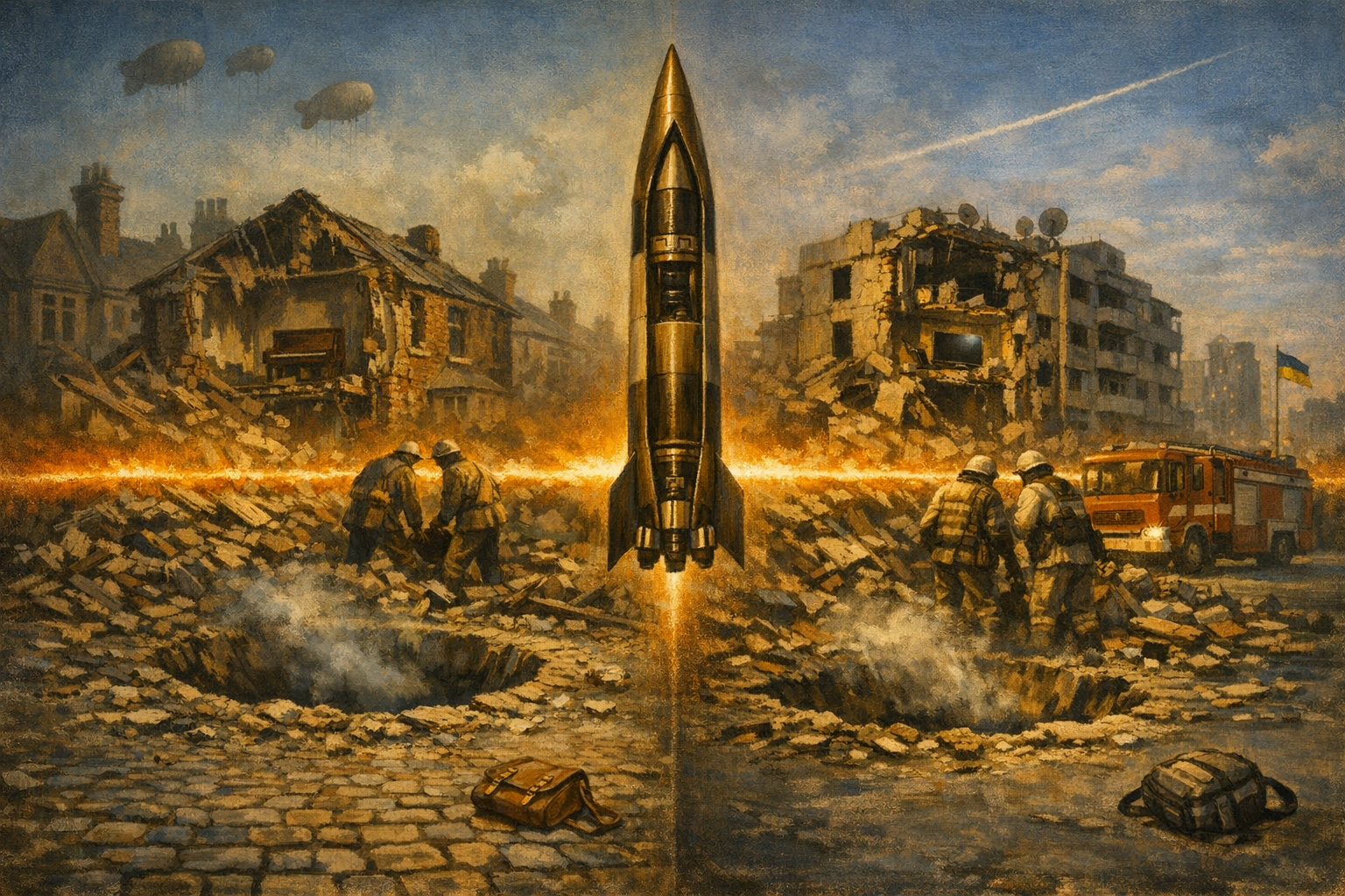 Editorial split-frame painting. On the left, Staveley Road in Chiswick, west London on the evening of 8 September 1944 in the minutes after the first V-2 ballistic missile to hit London: a painted-iron crater approximately three metres across still smoking; scattered painted-cream Victorian brick rubble; a discarded painted-cream child's leather school satchel on the cobblestone; the partly collapsed three-storey painted-cream Edwardian brick terrace house behind with front wall blown out, painted-walnut piano and painted-iron fireplace visible in cross-section; two soft umber silhouettes of Civil Defence ARP wardens in painted-cream uniforms with painted-cream tin helmets working at the rubble; a painted-cream 1944 London Fire Brigade fire engine parked diagonally at mid-right with painted-bronze brass bell; painted-cream Edwardian rooftops behind; a single faint vapor trail in the upper-right sky (the V-2 contrail); painted-cream barrage balloons silhouetted at the upper edge; a painted Union Jack at the far back-right horizon. On the right, a Solomianka district residential street in central Kyiv on the dawn of 24 May 2026 in the hours after the Russian Oreshnik missile attack: a painted-iron crater approximately three metres across still smoking; scattered painted-cream concrete-and-steel rubble; a discarded painted-cream child's modern backpack on the asphalt; the partly collapsed ten-storey painted-cream Soviet-era residential apartment block behind with front wall blown out, modern matte-black flat-screen television and painted-iron radiator visible in cross-section; two soft umber silhouettes of Ukrainian State Emergency Service rescue workers in painted-cream-and-painted-iron rescue-service uniform with painted-cream helmets working at the rubble; a painted-cream Kyiv State Emergency Service red-and-white fire engine parked diagonally at mid-right; painted-cream Soviet-era rooftops with painted-iron satellite dishes behind; a single faint vapor trail in the upper-right sky (the Oreshnik contrail); a painted Ukrainian yellow-and-blue flag at the far back-right horizon. At the very centre seam, the small soft umber silhouette of a single ballistic-missile-and-warhead cutaway floating vertically. A single luminous warm amber missile-contrail-and-fire-light horizon ribbon arcs across the centre of the frame, joining the 1944 Chiswick V-2 impact to the 2026 Kyiv Oreshnik impact.