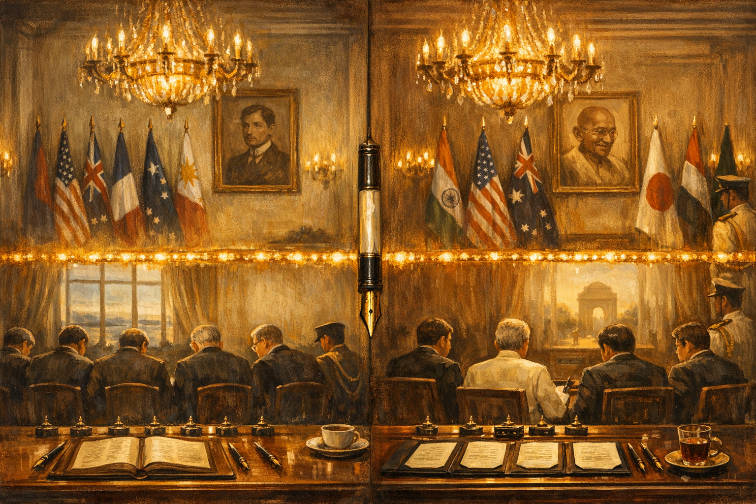 Editorial split-frame painting. On the left, the painted-cream colonial-Spanish ballroom of the Manila Hotel in central Manila on the late morning of 8 September 1954 at the signing of the Southeast Asia Collective Defense Treaty: eight soft umber rear silhouettes of the eight founding foreign ministers (US, UK, France, Australia, NZ, Philippines, Pakistan, Thailand) seated in a row at a long polished walnut signing table mid-signature in dignified dark wool double-breasted business suits (no recognisable faces); the central figure of John Foster Dulles visible in painterly soft umber three-quarter side profile; a Filipino Honour Guard officer at attention at mid-right; tall gilt-framed sepia portrait of José Rizal on the back wall; eight painted national flags of the founding members on slim painted-bronze flagpoles in a fan; an ornate painted-bronze and painted-crystal chandelier above; tall casement windows opening onto warm amber Philippine September morning with slim distant Manila Bay in painterly soft slate-blue. On the right, the painted-cream Indian Ministry of External Affairs Nehru Bhawan ministerial conference chamber in central Delhi on the morning of 26 May 2026: four soft umber rear silhouettes of the four Quad foreign ministers — Jaishankar at centre in slim cream Indian kurta, Rubio at left in dark navy wool, Wong at far-left in dark grey wool, Motegi at right in dark grey wool — seated at a long polished mahogany conference table in painterly mid-session (no recognisable faces); an Indian National Cadet Corps Honour Guard officer at attention at mid-right; tall gilt-framed sepia portrait of Mahatma Gandhi on the back wall; four painted national flags of the Quad members on slim painted-bronze flagpoles in a fan; an ornate painted-bronze and painted-crystal chandelier above; tall casement windows opening onto warm pre-monsoon Delhi morning. At the very centre seam, the small soft umber silhouette of a single painted-bronze ceremonial fountain pen suspended vertically nib-down (the symbolic instrument of multilateral foundational agreements). A single luminous warm amber chandelier-and-pendant horizon ribbon arcs across the centre of the frame, joining the 1954 Manila Pact signing to the 2026 Delhi Quad meeting.