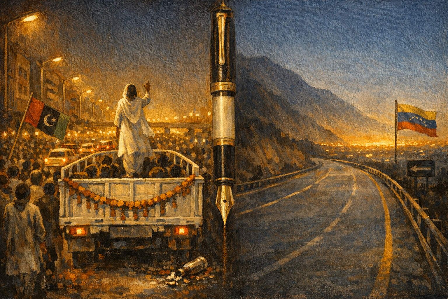 Editorial split-frame painting. On the left, just before midnight on 18 October 2007 on Sharae Faisal Road in central Karachi: a tall white-painted open-top truck inches along the road at less than a kilometre an hour, with the soft umber rear silhouette of a single standing female figure in slim white shalwar kameez raised in slim mid-wave on top of the truck (no recognisable face); a thick crush of soft umber rear silhouettes of welcoming Karachi supporters in slim painted-white shalwar kameez and slim painted-green PPP scarves; a slim painted-green-black-red Pakistan Peoples Party tricolour flag on a painted-bamboo pole; a slim painted-bronze garland of marigolds along the truck's rear rail; tall painted-bronze sodium-vapour streetlamps casting strong directional warm amber light; the slim distant outline of the Karsaz Bridge in painterly soft umber relief ahead of the truck. On the right, an empty stretch of the Caracas-La Guaira Highway descending the soft umber Avila mountain face toward the distant Caracas valley at warm pre-dawn hour of an undated late-2026 morning: painted-grey asphalt curving toward painted-amber distant Caracas valley lights at the horizon; painted-bronze crash barriers on both sides; a painted Venezuelan tricolour with eight stars on a slim painted-bronze flagpole at mid-right horizon; tall soft umber Avila mountain ridge against the warm amber pre-dawn Caracas valley sky. At the very centre seam, the small soft umber silhouette of a single painted-bronze ceremonial fountain pen suspended vertically nib-down. A continuous warm amber sodium-lamp-and-pre-dawn horizon ribbon arcs across the centre of the frame, joining the 2007 Karachi welcome on the left to the 2026 Caracas road that is not yet a road on the right.