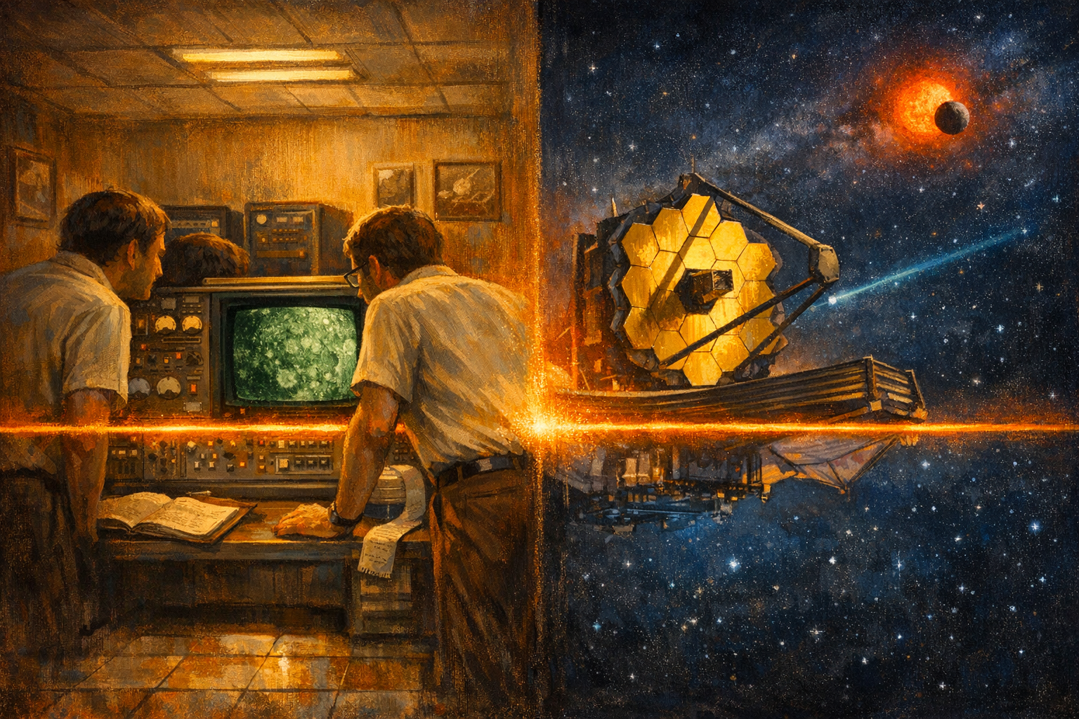 Split-frame editorial illustration. Left side: cool clear evening of Friday 29 March 1974, interior of the Mariner 10 imaging room at the Jet Propulsion Laboratory in Pasadena, California. The 42-year-old Caltech geologist Bruce Murray in cream cotton 1970s-era short-sleeved Mariner 10 imaging-team shirt and brown corduroy slacks, short brown hair and short brown beard, small wire-rimmed 1970s-era reading spectacles, in three-quarter rear silhouette leaning over the painted-cream-and-soft-rust 1974-era painted-iron Mariner 10 imaging-console rack. Two other imaging-team members in cream cotton short-sleeved Mariner 10 team shirts stand beside him in soft umber three-quarter rear profile watching the console green-phosphor CRT. The CRT display shows the first close-up photograph of a heavily cratered region of Mercury appearing frame-by-frame in soft green-phosphor relief. A 1970s-era teletype paper-tape spool is at the lower-right corner of the console. A hand-bound leather Mariner 10 imaging-team log lies open beside the console at the lower-left. Painted-cream-and-soft-rust 1970s linoleum tile floor in soft umber checkered grid pattern. Painted-cream-and-soft-rust 1970s-era IBM mainframe-terminal racks line the back wall. A 1970s-era fluorescent ceiling-tube casts a soft warm amber-and-cool-cream pool of light across the room. A small sepia-framed poster of the Mariner 10 trajectory diagram and a small sepia photograph of a Saturn V launch hang on the side walls. Right side: mid-May 2026, the James Webb Space Telescope in mid-pointing during a thermal-emission spectroscopy observation of LHS 3844 b, viewed from a vantage approximately 100 metres aft of the sunshield. The painted-cream-and-painted-gold JWST primary-mirror assembly with characteristic hexagonal beryllium-and-gold-coated mirror segments. The painted-cream secondary-mirror tripod assembly extends forward from the primary. The painted-cream-and-soft-rust JWST instrument-module rear-assembly behind the mirror. The painted-cream-and-soft-rust JWST sunshield five-layer membrane assembly partly visible at the lower edge of the frame. A faint cool-electric-cyan thermal-emission diagram line extends from the mirror toward the upper-right where the cool-red M-dwarf host star LHS 3844 at approximately 48 light-years distance is visible as a small cool-red-and-cool-amber stellar disc, with the small dark cratered rocky super-Earth LHS 3844 b in transit silhouette just in front of the M-dwarf disc. The wide deep cool slate-blue interstellar space extends to the distant edges of the frame with cool-electric-cyan distant background-stars across the upper portion. The two halves share a single continuous warm amber lamp-and-infrared-glow horizon ribbon running edge to edge across the centre of the frame.
