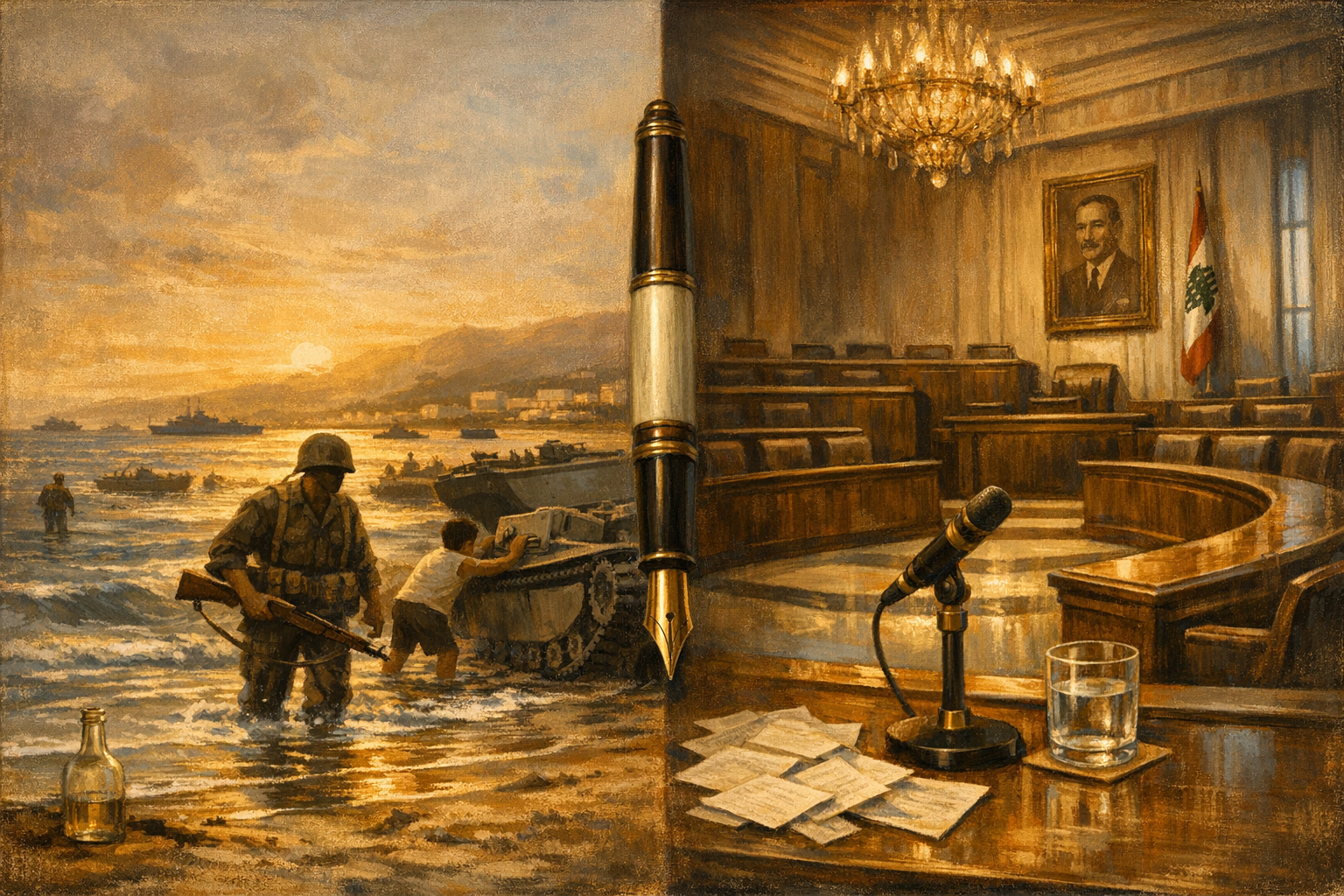 Editorial split-frame painting. On the left, Red Beach at Khalde just south of Beirut International Airport at 3.01 p.m. on 15 July 1958, the first wave of US Marines from Battalion Landing Team 2/2 of Operation Blue Bat coming ashore: a soft umber three-quarter front silhouette of a single US Marine in 1958-period olive-drab Marine Corps utility uniform with painted-bronze M1 helmet wading knee-deep in the cool slate-blue Mediterranean surf, holding a painted-bronze M1 Garand rifle (no recognisable face); a 1958-period LVT amphibious tractor bogged down in the soft sand at lower-right; a small Lebanese boy in painted-cream cotton shorts at mid-distance pushing the LVT track free; a Lebanese souvenir vendor with a tray of brass coffee cups at mid-right; a Lebanese sunbather on a painted-cream beach towel at mid-left; Mount Lebanon ridge rising at back-right behind Beirut International Airport; the 1958-period US Sixth Fleet landing-craft fleet at the Mediterranean horizon. On the right, the painted-cream Lebanese Parliament main session chamber on Place de l'Étoile in central Beirut on the cool clear morning of a late-May 2026 day, the chamber empty: the long curved horseshoe of painted-walnut leather benches rising on three sides in slim soft umber relief (no figures); the Speaker's high-backed painted-cream leather chair behind the bench (no figure); a painted-bronze brass Speaker's microphone on a tall podium-stand at lower-centre; period-2026 expat-voting ballot-papers scattered on the painted-grey marble floor at lower-left; tall gilt-framed sepia portrait of Riad al-Solh on the back wall; the painted Lebanese flag with red-and-white horizontal bands and a green cedar of Lebanon at centre on a painted-bronze flagpole at mid-right back wall; an ornate painted-bronze and painted-crystal chandelier above the chamber. At the very centre seam, the small soft umber silhouette of a single painted-bronze ceremonial fountain pen suspended vertically nib-down. A continuous warm amber Mediterranean horizon ribbon arcs across the centre of the frame, joining the 1958 Marine landing on the left to the 2026 Lebanese parliamentary deadlock on the right.