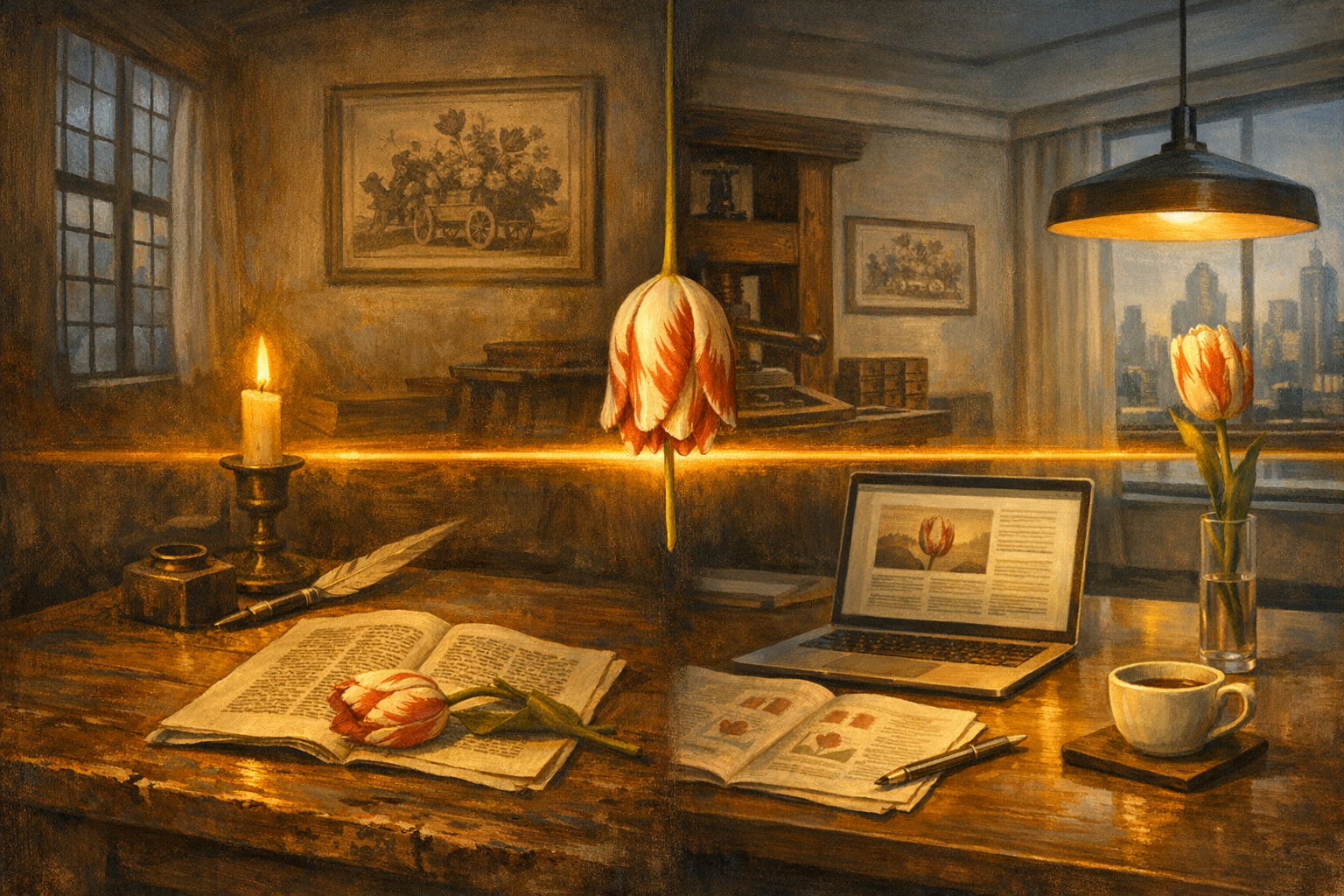 Editorial split-frame painting. On the left, the interior of a small painted-cream Haarlem printer's shop on a late spring 1637 afternoon: a worn polished oak printer's workbench at camera-centre with the open Samen-spraek satirical pamphlet (freshly printed) lying on the bench; a single painted-cream-and-painted-soft-rose Semper Augustus tulip with slim flame-and-feather petal-pattern lying broken-stemmed across the pamphlet; a painted-bronze brass candleholder with a tallow candle casting a warm amber pool of light; a 1637-period Dutch printer's hand-press in soft umber silhouette at mid-right; a second Semper Augustus tulip standing in a painted-bronze tin tankard at mid-right; a framed Hendrick Pot Floraes Mallewagen engraving on the back wall in soft umber relief; tall painted-cream Haarlem casement window against the Dutch overcast spring afternoon. On the right, the interior of a painted-cream 2026 financial-analyst's office at a window-side desk in a Manhattan or City of London open-plan office on a cool clear May 2026 morning: a polished modern matte-walnut analyst's desk with a slim modern matte-aluminium open laptop showing a financial-press article with a slim small painted-soft-rose tulip silhouette in the headline-image (no readable letters); a slim painted-cream printed analyst note with slim small painted-soft-rose tulip silhouettes in the inline charts; a modern porcelain coffee cup; a slim painted-cream-and-painted-soft-rose single Semper Augustus tulip standing in a modern brushed-aluminium narrow glass vase, the flame-and-feather petals identical to the broken tulip in the left half; a slim modern matte-aluminium framed reproduction of the Hendrick Pot Floraes Mallewagen engraving on the back wall; a tall painted-cream modern floor-to-ceiling office window with the May 2026 morning. At the centre seam, the small soft umber silhouette of a single Semper Augustus tulip suspended vertically stem-down. A continuous warm amber candlelight-and-modern-office-lamp horizon ribbon arcs across the centre, joining the 1637 Haarlem printer's shop on the left to the 2026 financial-analyst's office on the right.