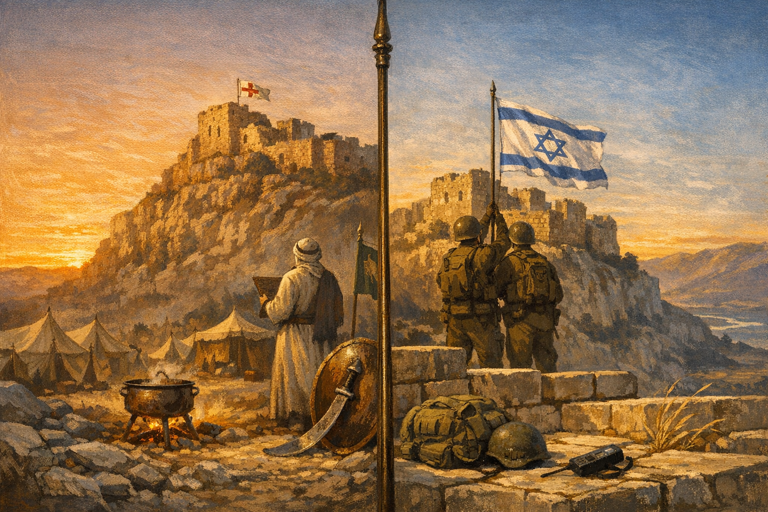 Editorial split-frame painting. On the left, Saladin's army camp at the foot of the limestone escarpment beneath Beaufort Castle near Marjayoun in southern Lebanon at warm pink dawn of an April 1189 day, the first morning of Saladin's siege: an Ayyubid military scribe in painted-cream Arab linen thawb and painted-bronze keffiyeh standing at camera-centre looking up toward the Beaufort silhouette (no recognisable face); a painted-cream Ayyubid commander's standard with painted-green Ayyubid eagle; the tall painted-cream Beaufort Castle silhouette on the limestone escarpment 700 metres above the Litani, the painted-cream period-1189 Crusader red-cross Templar banner flying from the highest surviving turret. On the right, the same painted-cream Beaufort Castle silhouette on the same limestone escarpment at cool clear early-morning of Sunday 31 May 2026, the Israeli flag being raised on the same highest surviving turret by the Golani Brigade: two IDF Golani Brigade soldiers in painted-olive-drab IDF infantry utility uniforms with painted-bronze IDF combat helmets raising the painted-cream Israeli flag with painted-blue Star of David and two painted-blue horizontal stripes on a painted-bronze flagpole (no recognisable faces). At the centre seam, the small soft umber silhouette of a single painted-bronze period-medieval flagpole suspended vertically. A continuous warm amber Mount Lebanon dawn horizon ribbon arcs across the centre, joining the 1189 Saladin camp on the left to the 2026 Israeli flag-raising on the right. The castle silhouette is identical in both halves; only the flag and the dating of the dawn differ.