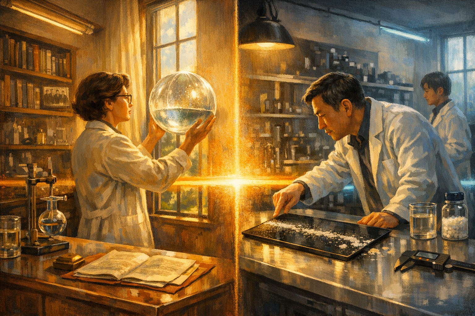 Split-frame editorial illustration. Left side: warm summer afternoon, mid-1942, MIT Solar Energy Conversion Project laboratory, Cambridge Massachusetts. Painted-cream-and-soft-rust 1940s MIT laboratory walls. The 41-year-old Hungarian-American physical chemist Maria Telkes in cream cotton 1940s-period laboratory coat over dark wool 1940s-period business skirt and cream cotton blouse, short dark-brown hair in a 1940s-period side-parted wave, small painted-bronze 1940s-period wire-rimmed reading spectacles, in three-quarter front silhouette holding the clear inflatable plastic solar-still prototype balloon (approximately the size of a basketball) up to summer sunlight streaming through a tall narrow 1940s casement window with both hands at chest height. Inside the balloon, collected seawater is visible in the bottom inner cup and condensed fresh-water droplets cling to the upper inner wall. A polished painted-cream-and-soft-rust 1940s MIT laboratory benchtop in the foreground holds a small painted-cream-and-soft-rust 1940s brass-and-glass apparatus stand at the lower-left and an open painted-soft-rust 1942 OSRD technical-report folder at the lower-right with painted-bronze-and-walnut paperweight. Painted-walnut 1940s laboratory bookshelves along the side walls hold cream-and-soft-rust 1940s solar-energy and physical-chemistry textbooks. A framed photograph of the MIT Solar Energy Conversion Project team hangs on the back wall. 1940s fluorescent ceiling-tube light fixtures cast a soft warm amber-and-cool-cream pool of light. Right side: clear cool morning, late May 2026, University of Rochester Institute of Optics laboratory in Rochester, New York. Painted-cream-and-soft-amber 2026 Institute of Optics laboratory walls. Chunlei Guo in modern cream cotton-and-poly Institute of Optics laboratory coat over navy modern business shirt, short dark hair, small dark spectacles, in three-quarter side silhouette leaning forward over a polished modern stainless-steel optics bench pointing at a femtosecond-laser-etched superwicking black-metal solar desalination panel (approximately 20x30 cm) at the centre of the bench. Soft-white salt-crystal deposits are migrating sideways toward the painted-cream collection edge of the panel via the coffee-ring effect. A young Chinese-American postdoctoral optical engineer in modern cream cotton-and-poly laboratory coat stands at the far back-right holding a modern matte-black digital tablet. A small painted-cream glass beaker of collected condensate fresh-water sits at the lower-left edge of the bench. A small painted-cream glass collection-jar of dry recovered salt crystals sits at the mid-right edge of the bench. A modern matte-black painted-aluminium digital caliper with faint cool electric-cyan readout sits at the lower-right edge. Modern hanging matte-black laboratory lamp overhead. Cool electric-cyan emergency LED strips run along the far back of the laboratory. A tall narrow modern frosted-glass window at the back wall opens onto a cool slate-blue Rochester New York late-May morning. The two halves share a single continuous warm amber sunlight horizon ribbon running edge to edge across the centre of the frame, joining the 1942 MIT solar-still test on the left to the 2026 Rochester laser-etched-panel test on the right.