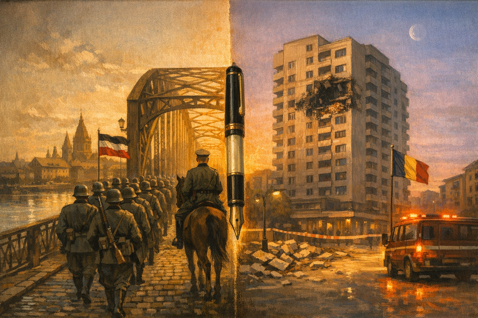 Editorial split-frame painting. On the left, soft umber rear silhouettes of a Wehrmacht battalion in painted-grey period-1936 field-grey wool tunics and painted-bronze Stahlhelm steel helmets marching across the painted-bronze Mainz Rhine girder-bridge at ten minutes before noon on Saturday 7 March 1936, Karabiner 98k rifles slung at the shoulder (no recognisable faces, no raised weapons); a Wehrmacht Oberst on horseback at mid-right edge; a painted-cream Wehrmacht commander's standard with painted-black-red-white horizontal stripes on a painted-bronze flagpole at the head of the column; the painted-cream Mainz Rhine girder-bridge ironwork and the painted-cream Mainz cathedral spire at back-distance. On the right, the painted-cream fourteen-storey Galați residential apartment block at the first grey-pink dawn of Friday 29 May 2026 hours after the Russian Shahed-136 drone strike, the painted-soft-charcoal char-scar of the impact still visible on the tenth-floor exterior facade (no active fire, no smoke); painted-cream period-2026 Romanian concrete-and-glass debris on the painted-grey Galați street below; a painted-bronze Romanian emergency-services vehicle with painted-soft-red-and-painted-cream emergency lights at lower-right; a painted-cream Romanian flag with painted-red-and-painted-yellow-and-painted-blue vertical bands still flying intact on a painted-bronze flagpole at mid-right; the slim distant outline of the Danube River and the painted-cream Ukrainian shoreline at far back-right horizon. At the centre seam, the small soft umber silhouette of a single painted-bronze ceremonial fountain pen suspended vertically nib-down at the seam. A continuous warm amber early-spring-noon-and-early-summer-dawn horizon ribbon arcs across the centre, joining the 1936 Wehrmacht Rhine crossing on the left to the 2026 Galați apartment-building aftermath on the right.