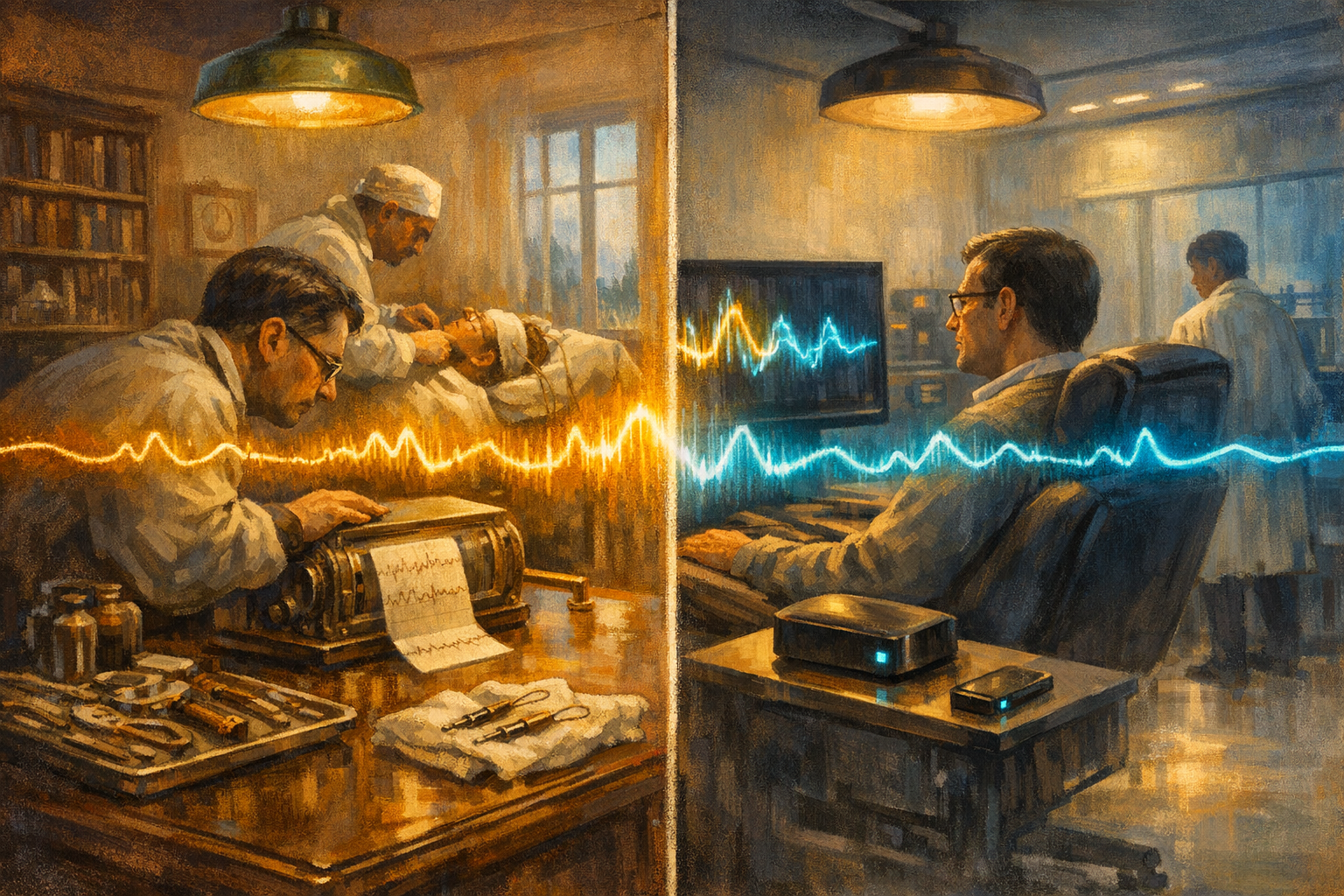 Split-frame editorial illustration: on the left, a 1924 Jena psychiatric clinic operating theatre with Hans Berger leaning over a Lippmann string galvanometer recording a wobbling alpha-rhythm trace from a 17-year-old trephination patient. On the right, a 2026 Neuralink VOICE-trial clinical-research suite with an ALS patient seated in a reclined treatment chair facing a computer monitor while a speaker on his lap plays synthetic speech decoded from his motor cortex. A continuous warm amber-and-cyan oscillating waveform ribbon runs across the centre joining the two recordings of the same cortical signal 102 years apart.
