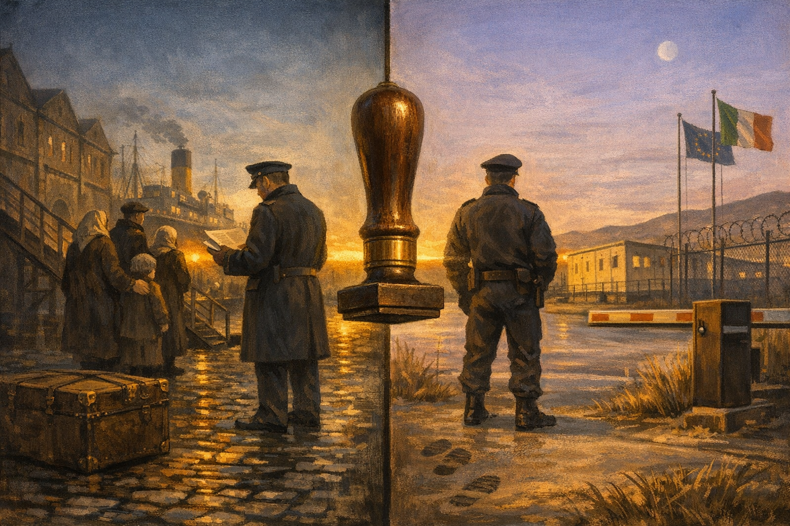 Editorial split-frame painting. On the left, the cobblestone quay of London's Tilbury Docks on the cold damp dawn of 1 January 1906, the day the Aliens Act came into force: a Russian-Jewish refugee family in worn wool overcoats stands beside a leather-and-canvas steerage trunk while a uniformed Edwardian Immigration Officer in dark serge with brass buttons and peaked cap examines their landing papers in the warm amber glow of a cast-iron gas lamp, a steerage ship's brass-bound funnel visible in soft umber silhouette through the dawn mist. On the right, the Italian return centre at the village of Gjadër on the northern Albanian coast at dawn on 12 June 2026: a single carabiniere in modern dark uniform stands in soft umber relief at a security checkpoint barrier, a painted-cream prefab housing block rising behind a high perimeter fence topped with razor wire, the Italian and European Union flags on bronze flagpoles, the Adriatic Sea horizon glowing pink at far back-right. At the centre seam between the two halves, a single bronze Home Office rubber-stamp is suspended vertically with its inked impression-pad just below, the symbolic instrument of immigration admission and refusal.