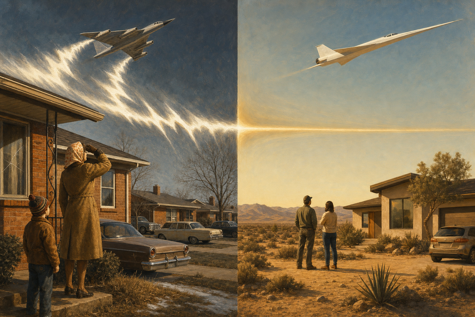 A split-frame painterly editorial illustration. On the left, a red-brick Oklahoma City suburban street on a cold February 1964 morning: a young mother and child on a porch shield their eyes and look up as a delta-wing B-58 bomber streaks across a slate-blue sky, slamming a stark jagged white shock cone down toward the houses, with fine plaster dust and a cracked window pane in the foreground. On the right, a quiet California high-desert town on a clear June 2026 morning: residents stand relaxed in a sandy yard glancing up untroubled as NASA's X-59, an extraordinarily long needle-nosed white jet, crosses overhead trailing only a soft rounded amber ripple. A single shock-wave ribbon runs across the centre of the frame, violent and white on the left, soft and amber on the right, the same phenomenon sixty-two years apart, once a blow and now a whisper.