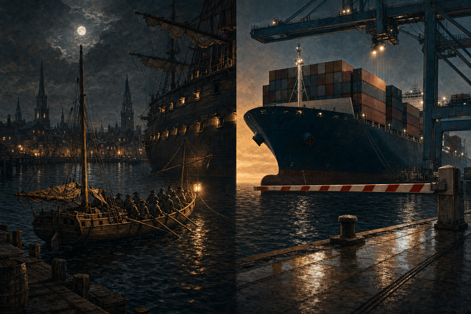 A painterly split-frame editorial illustration. On the left, a moonlit Boston harbour in 1768: a small single-masted merchant sloop with furled sails is towed away from a wharf by a lantern-lit Royal Navy longboat beneath the shadowed gun-ports of a moored warship, the spires of colonial Boston in silhouette. On the right, a present-day container port at dusk: a towering steel container ship halted under a half-lowered striped customs barrier and a gantry crane, lit cold cyan with amber floodlights. A single unbroken band of dark harbour water runs across the centre of the frame, joining the wooden sloop to the steel ship, the same seizure two and a half centuries apart.