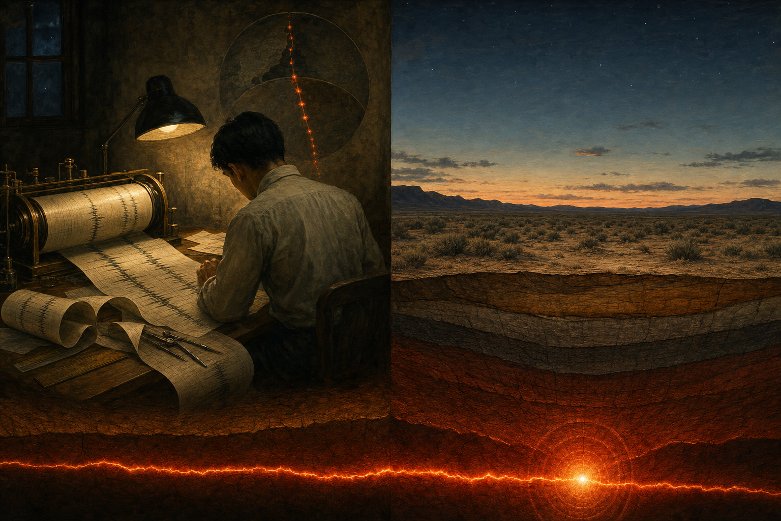 A split-frame painterly editorial illustration. On the left, a dim 1920s seismology office at Tokyo's Central Meteorological Observatory: a thin young man seen from behind bends over long curling strips of smoked-paper seismogram trailing off a brass rotating-drum recorder, lit by a single warm desk lamp, while behind him in the dark a line of small glowing red sparks dips steeply into a faint cross-section of the Earth. On the right, a 2026 northern Utah high desert at dusk under a cool slate-blue sky, the lower portion drawn as a clean geological cutaway: layered ochre and umber rock descending into deep-red mantle, with a single concentrated white-hot point of rupture glowing far down where an earthquake breaks impossibly deep, faint shock rings spreading through the rock. A single continuous hot orange fault-line of seismic energy runs across the lower third of both halves, tying the 1920s discovery to the 2026 confirmation, the same impossible thing a century apart.
