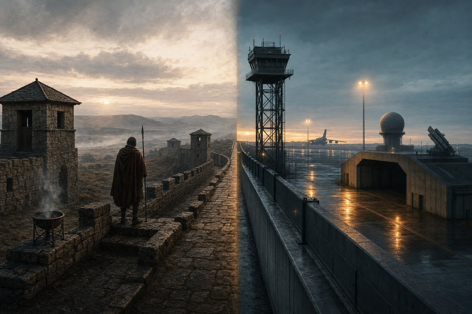 A painterly split-frame editorial illustration. On the left, a cold grey dawn on a Roman frontier wall in Britain around 410: a lone watchman in a worn cloak stands on an empty stone rampart looking out over misty moorland, the guard towers beside him dark and unmanned. On the right, a present-day European military perimeter at dusk: a deserted radar dish and an empty floodlit runway behind a tall steel fence, the silhouette of a departed aircraft on the far horizon. A single deserted rampart runs unbroken across the centre of the frame, ancient Roman stone becoming modern concrete and steel, both watching an empty horizon, the same withdrawn guarantee sixteen centuries apart.