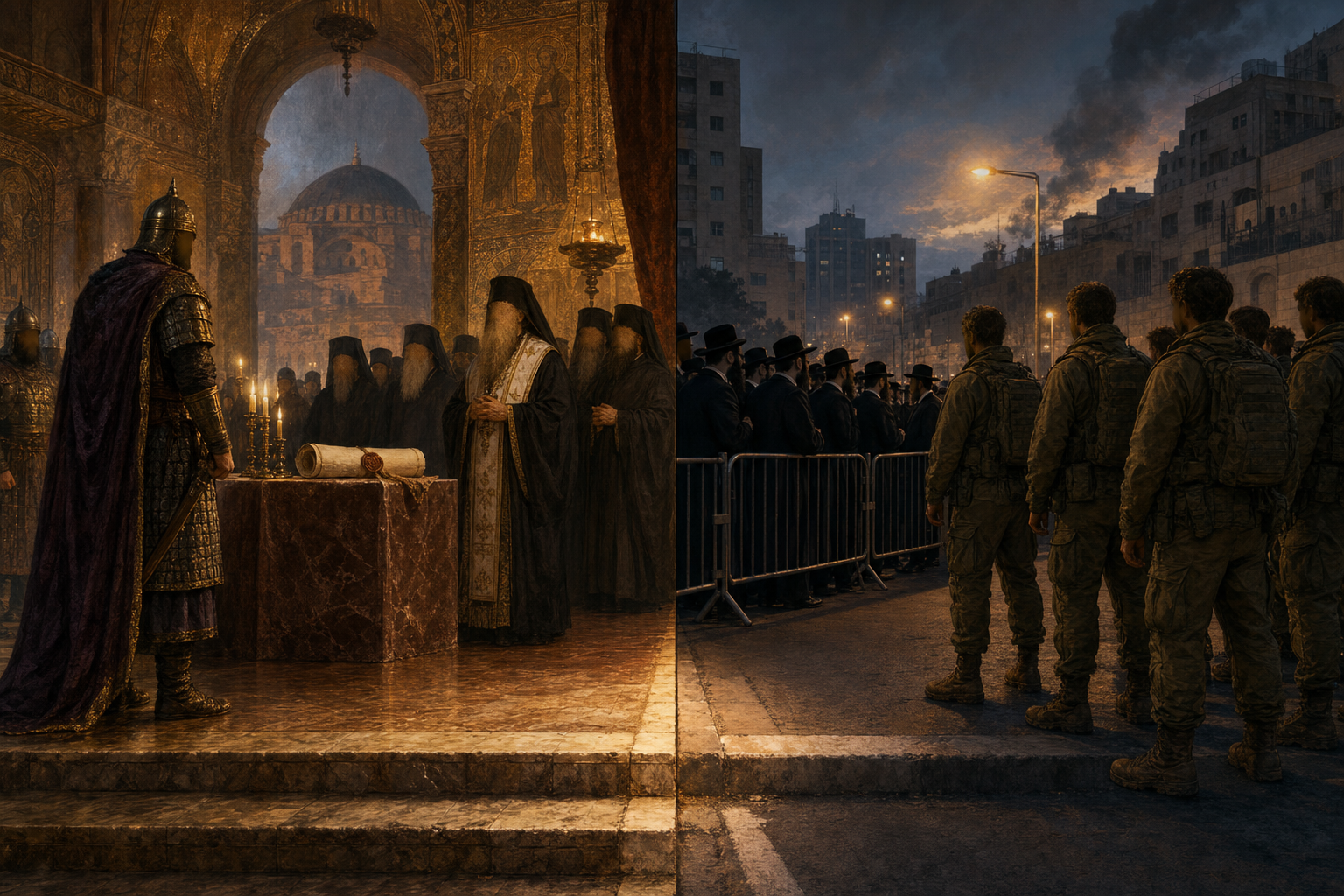 A painterly split-frame editorial illustration. On the left, a candlelit Byzantine hall around 964: an armoured warrior-emperor stands apart on one side while a robed patriarch and black-robed monks stand firm on the other, a sealed law on a porphyry table between them, gold mosaic glinting. On the right, a present-day Israeli street at dusk in 2026: weary uniformed conscript soldiers on one side face a crowd of black-coated ultra-Orthodox men on the other across a barrier, under cool dusk and amber streetlight. A single worn stone threshold runs unbroken across the centre of the frame, ancient marble becoming a modern kerb, the same standoff between the sword and the altar a thousand years apart.