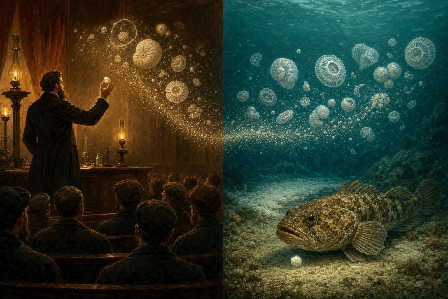 A split-frame painterly editorial illustration. On the left, a warm gas-lit Victorian lecture hall in 1868: a bearded man of science in a dark frock coat holds up a single white lump of chalk toward the light before rows of working men seen from behind, while around the raised chalk a ghostly swirl of enormously enlarged microscopic shells, spiral foraminifera and plated coccoliths, drifts in the gaslight. On the right, a cool underwater scene in the present day: a mottled brown Gulf toadfish rests on a pale sandy seabed with a small glowing white pellet of calcium carbonate beneath it, and the same enlarged microscopic shells drift through teal water as pale chalky sediment settles on the floor. A single continuous drift of tiny chalk-white carbonate shells streams across the centre seam, warm amber chalk dust on the left becoming cool teal marine snow on the right, the same tiny builders of stone a century and a half apart.