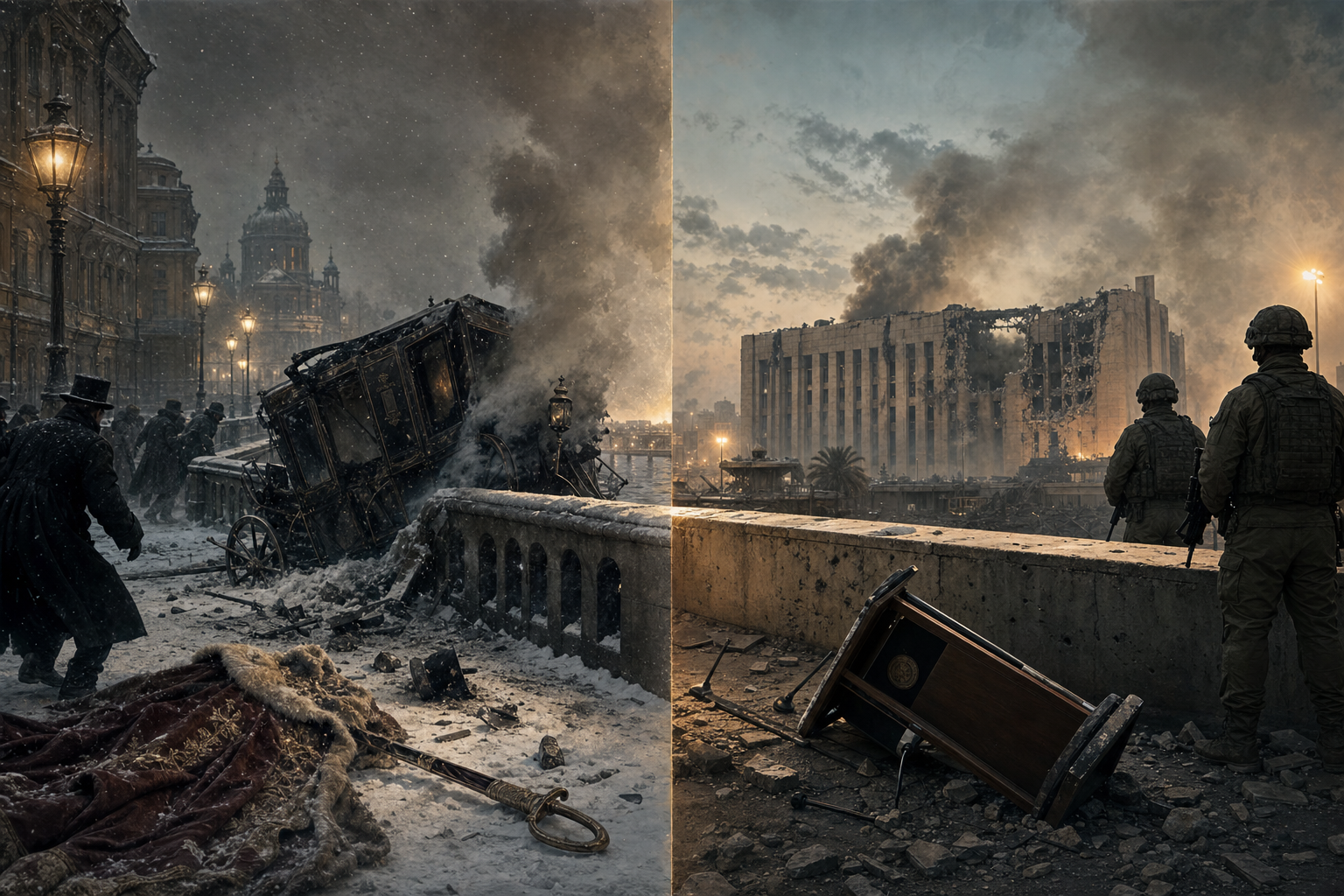 A painterly split-frame editorial illustration. On the left, a snow-dusted Saint Petersburg canal embankment at cold dusk in 1881: the smoking, shattered imperial carriage tilts by a stone canal railing, a fallen fur cloak and drifting smoke on the snow under gas-lamp light. On the right, a present-day Middle Eastern capital at dusk in 2026: a strike-damaged government building smokes against the skyline while an empty toppled official lectern lies in a floodlit plaza, helmeted guards in silhouette. A single low stone parapet runs unbroken across the centre of the frame, an 1881 canal railing becoming a modern concrete barrier, the same place where a ruler fell, a century and a half apart.