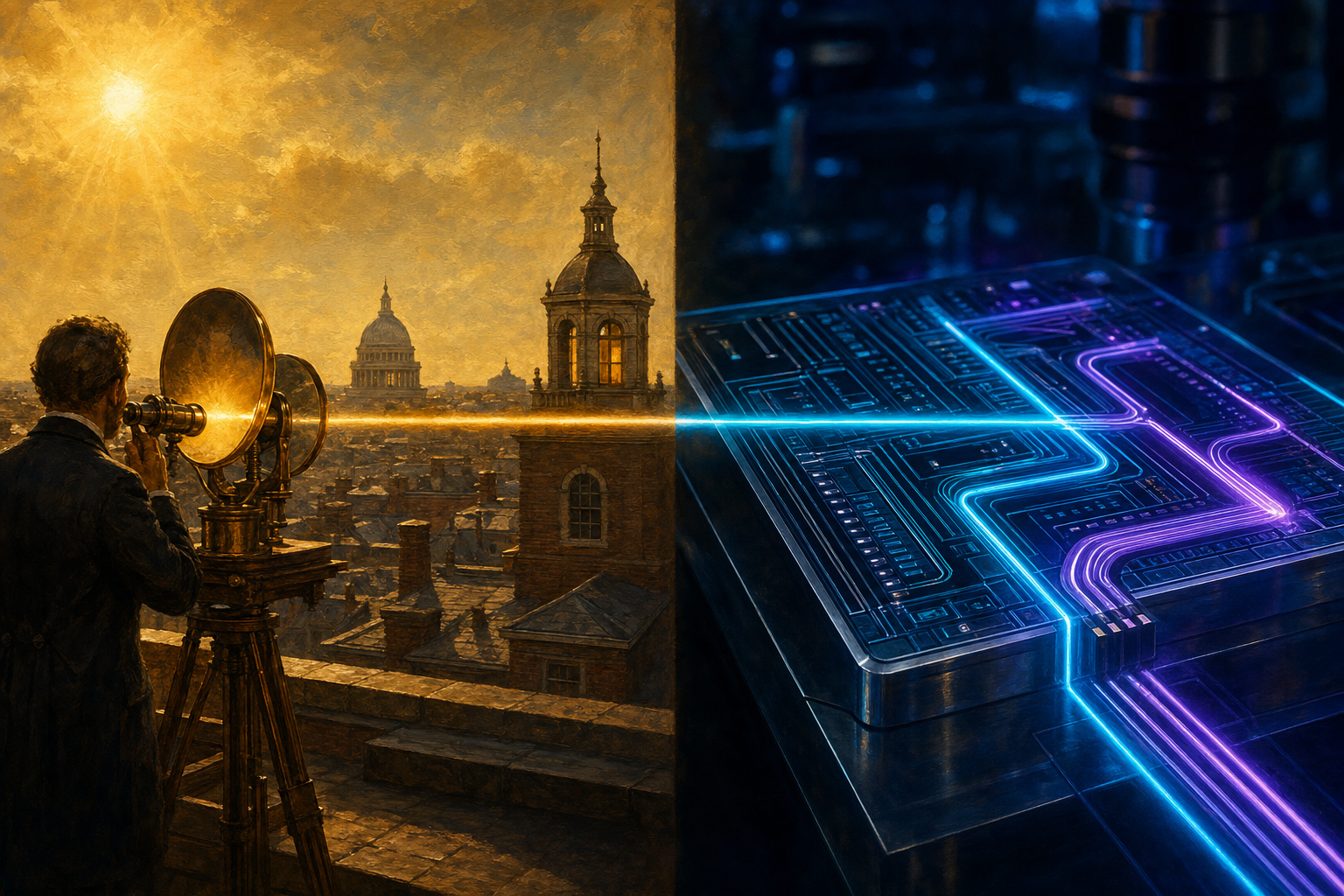 A split-frame painterly editorial illustration. On the left, a sunlit Washington rooftop in 1880: a man in a Victorian frock coat, seen from behind, stands at a brass-and-wood optical instrument on a tripod aimed at the bright sun and speaks into a small mouthpiece, while a narrow brilliant golden sunbeam leaves the instrument and crosses the air toward a distant school cupola and a laboratory window over the chimneys of 1880s Washington. On the right, a dark modern photonics laboratory in extreme close-up on a tiny glowing photonic chip: a labyrinth of fine nanoscale waveguide channels in dark silicon through which threads of brilliant cyan and violet laser light run, split and routed, glowing from within. A single continuous beam of light streams across the centre seam, a warm golden Victorian sunbeam on the left becoming a precise cool cyan ray threading the chip on the right, the same idea, information carried on light, a century and a half apart.