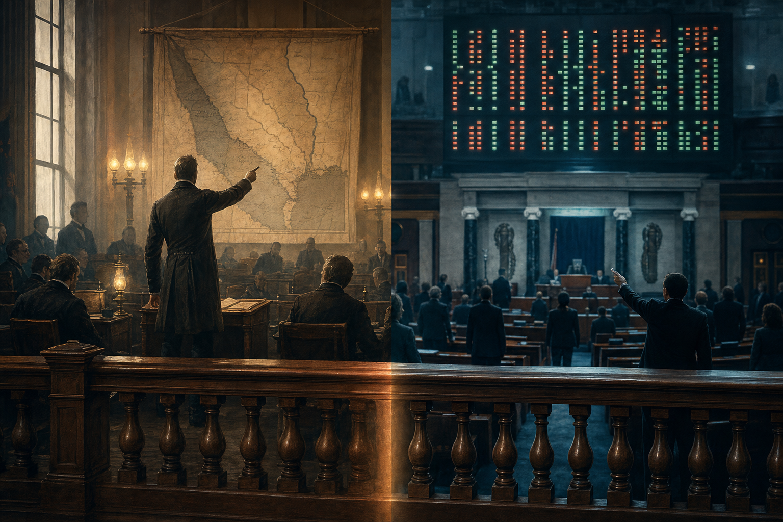 A painterly split-frame editorial illustration. On the left, the gaslit United States House of Representatives chamber in 1847: a tall, lean congressman stands alone among mahogany desks, one arm raised, pointing at a large hanging map of the Texas and Rio Grande frontier under warm amber gaslight. On the right, the modern House chamber in 2026: a great electronic voting tally board glows with rows of small green and red lights above a marble rostrum, members in modern suits standing in cool blue light, one figure mirroring the 1847 pointing gesture. A single continuous polished wooden chamber railing runs unbroken across the centre seam, an 1847 gallery rail becoming a modern chamber rail, the same place where a legislature rose to question a president's war, a century and a half apart.