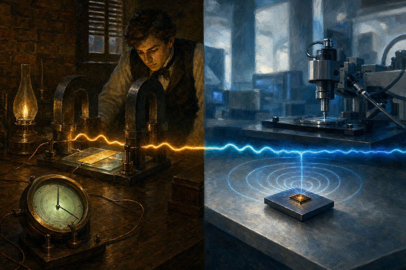A painterly split-frame editorial illustration. On the left, a dim 1879 basement laboratory: a thin almost-transparent gold-leaf strip on glass set between the dark iron poles of a large electromagnet, fine wires running to a galvanometer whose dial glows cool green with its needle deflected, a lean young man in period dress leaning in by oil-lamp light. On the right, a clean modern 2026 lab: a tiny dark bismuth-telluride chip on a surface with faint concentric radio-signal ripples converging into it and a small sensor waking warm, no magnet anywhere. A single continuous glowing ribbon of sideways voltage runs across the centre seam, warm amber on the left becoming electric cyan on the right, the same Hall voltage 147 years apart, once needing a magnet to reveal a hidden particle, now needing none to power a device.