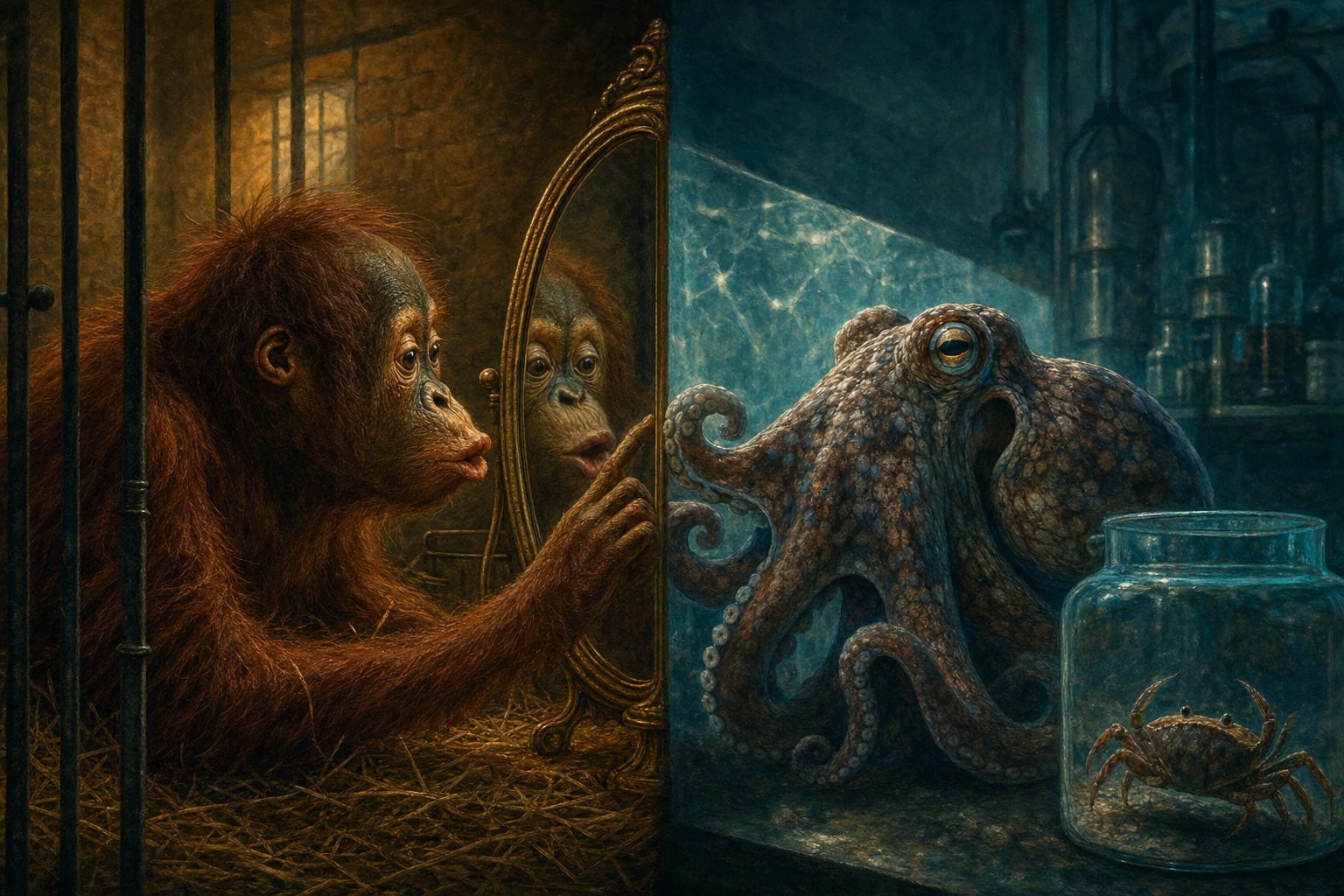 A painterly split-frame editorial illustration. On the left, an 1838 Victorian ape enclosure at London Zoo: a young orangutan with reddish fur seated before a small ornate hand mirror, pushing her lips out toward the glass in astonishment and reaching behind it, amid straw and iron bars in warm amber lamplight. On the right, a 2026 marine cognition laboratory: a California two-spot octopus turned toward a small mirror on an aquarium wall, arms curling, its strange intelligent eye catching the reflection, in cool blue tank light, with a crab reflected in a jar. A single continuous looking-glass runs across the centre seam, warm amber on the left becoming cool aqua on the right, the same instrument asking the same question of two utterly different minds.